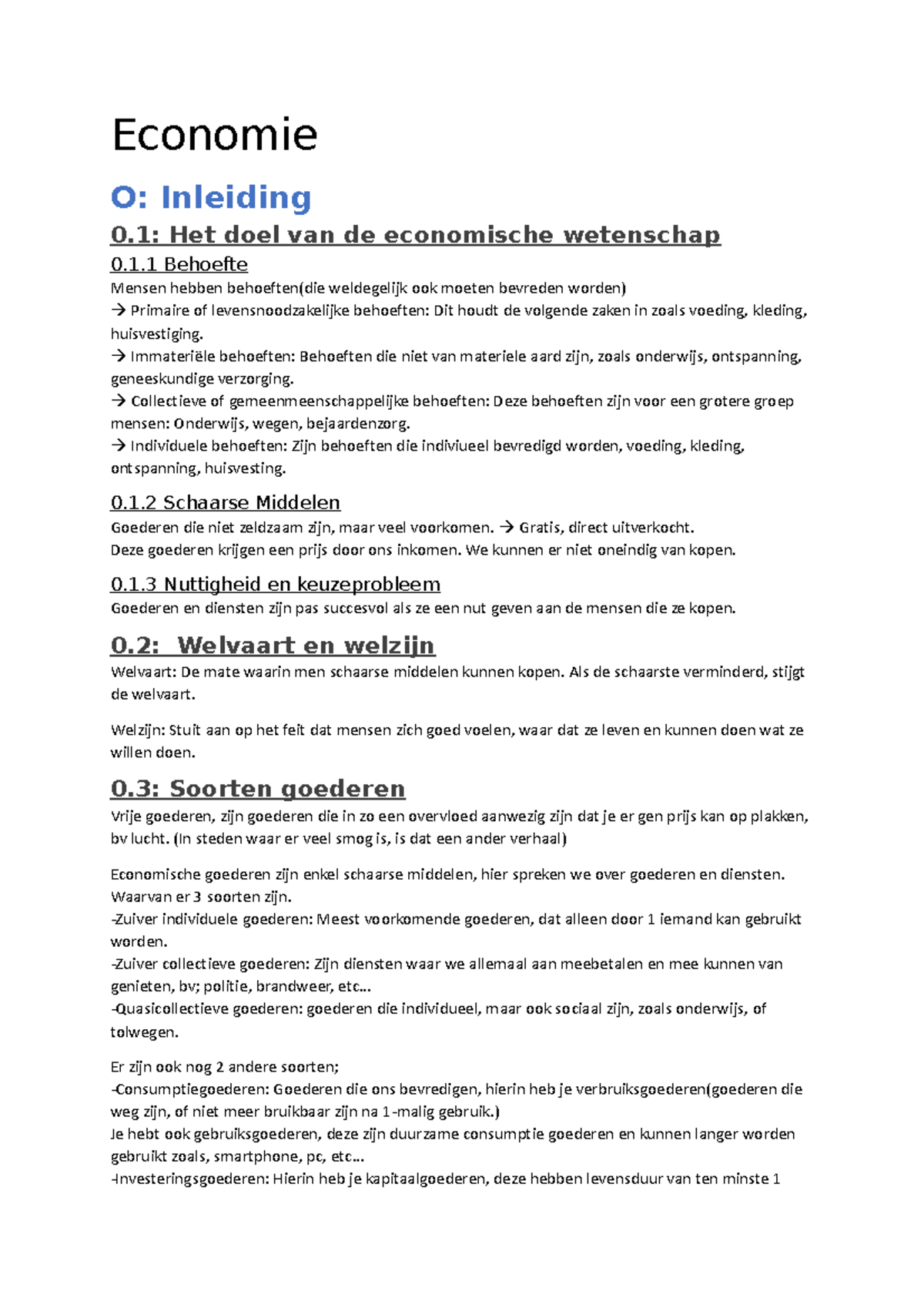 Economie Samenvatting - Economie O: Inleiding 0: Het Doel Van De ...