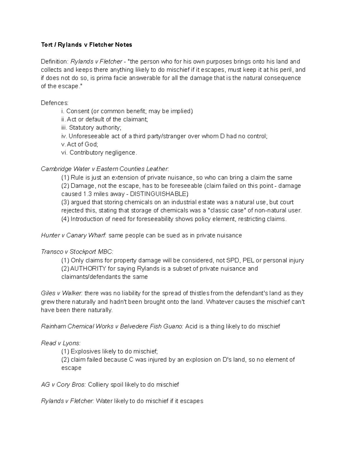 Tort Rylands v Fletcher Notes - Tort / Rylands v Fletcher Notes ...