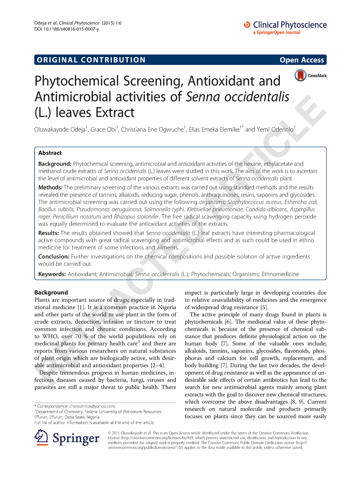 2015 Article O R I G I N A L C O N T R I B U T I O N Open Access Phytochemical Screening