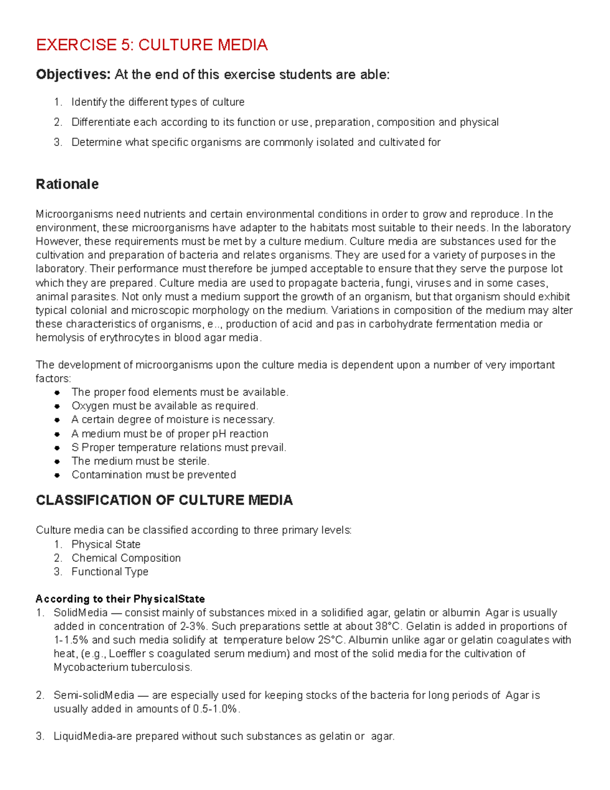 Microbiology lecture notes on Culture Media EXERCISE 5 CULTURE MEDIA