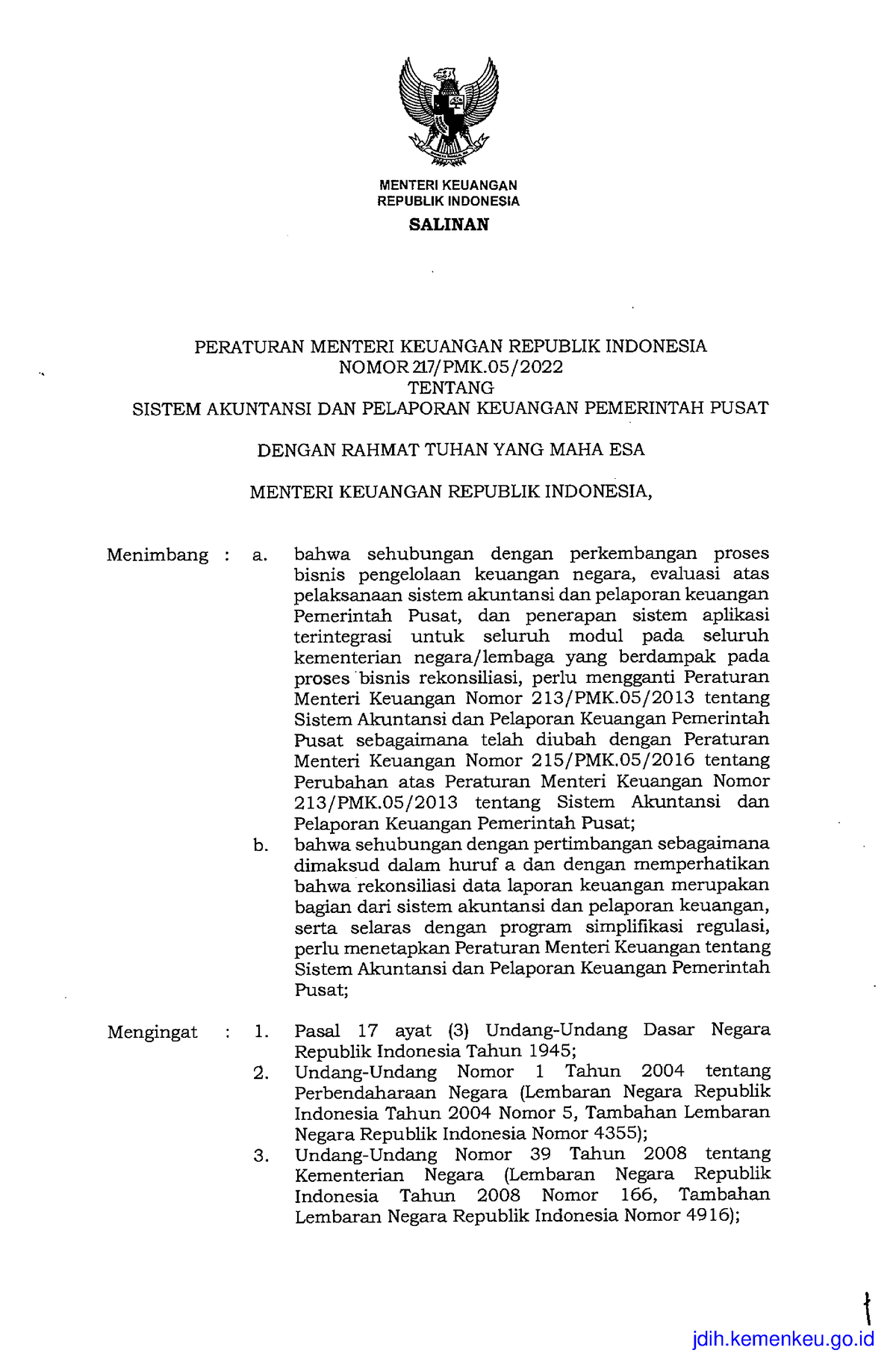 217 PMK.05 2022 Sistem Akuntansi Dan Pelaporan Keuangan Pemerintah ...