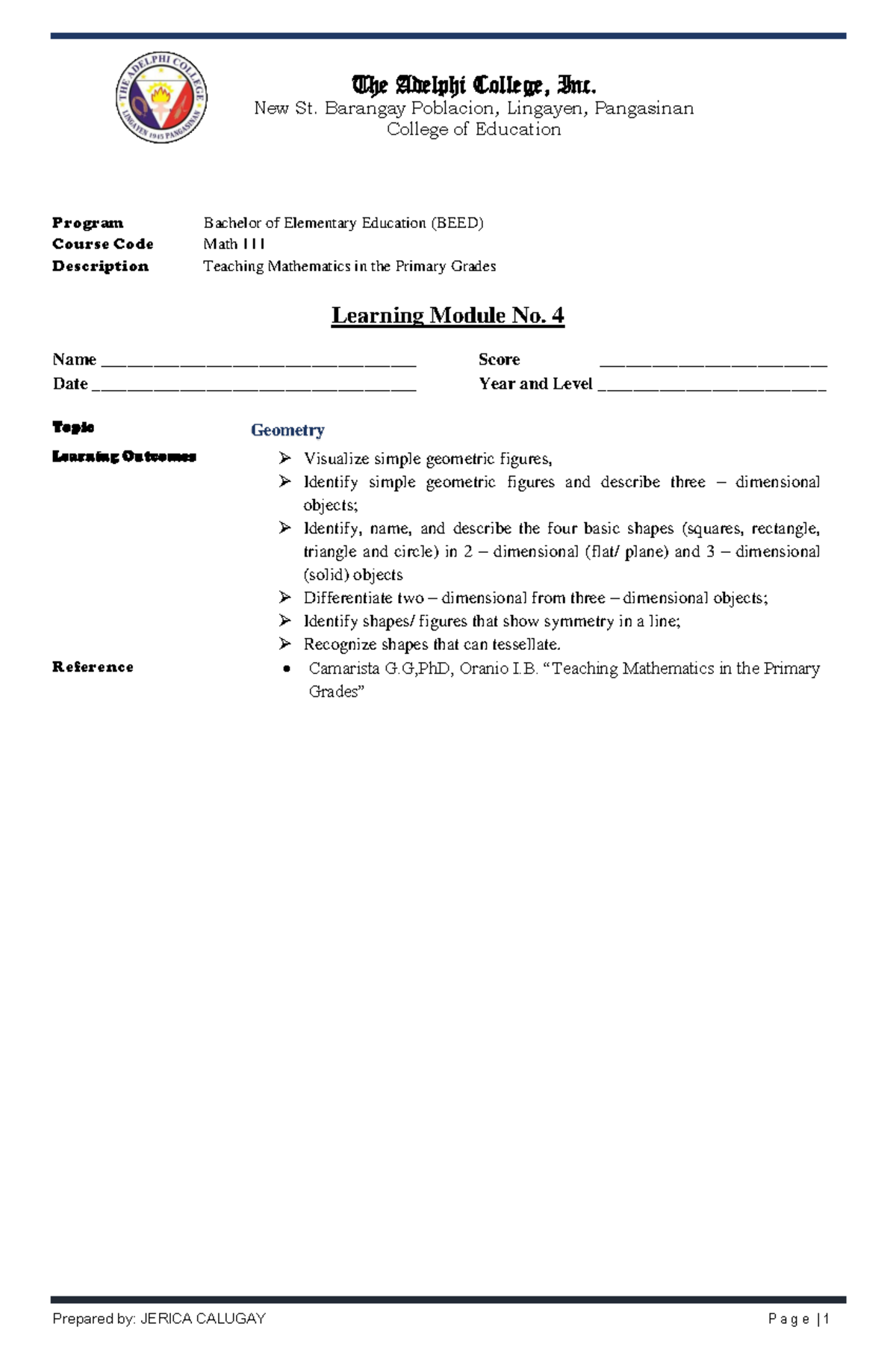 Math 111 - Teaching Mathematics in Primary Grades Module 4 - New St ...