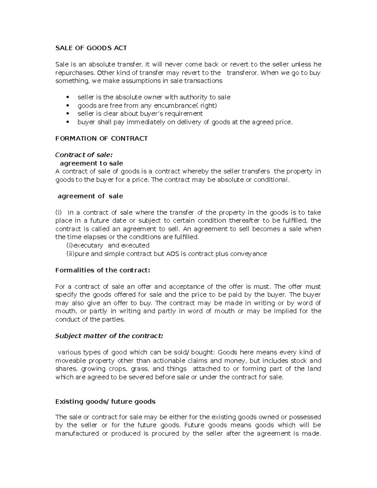 Sale of goods Act - notes are of lab subject - SALE OF GOODS ACT Sale ...