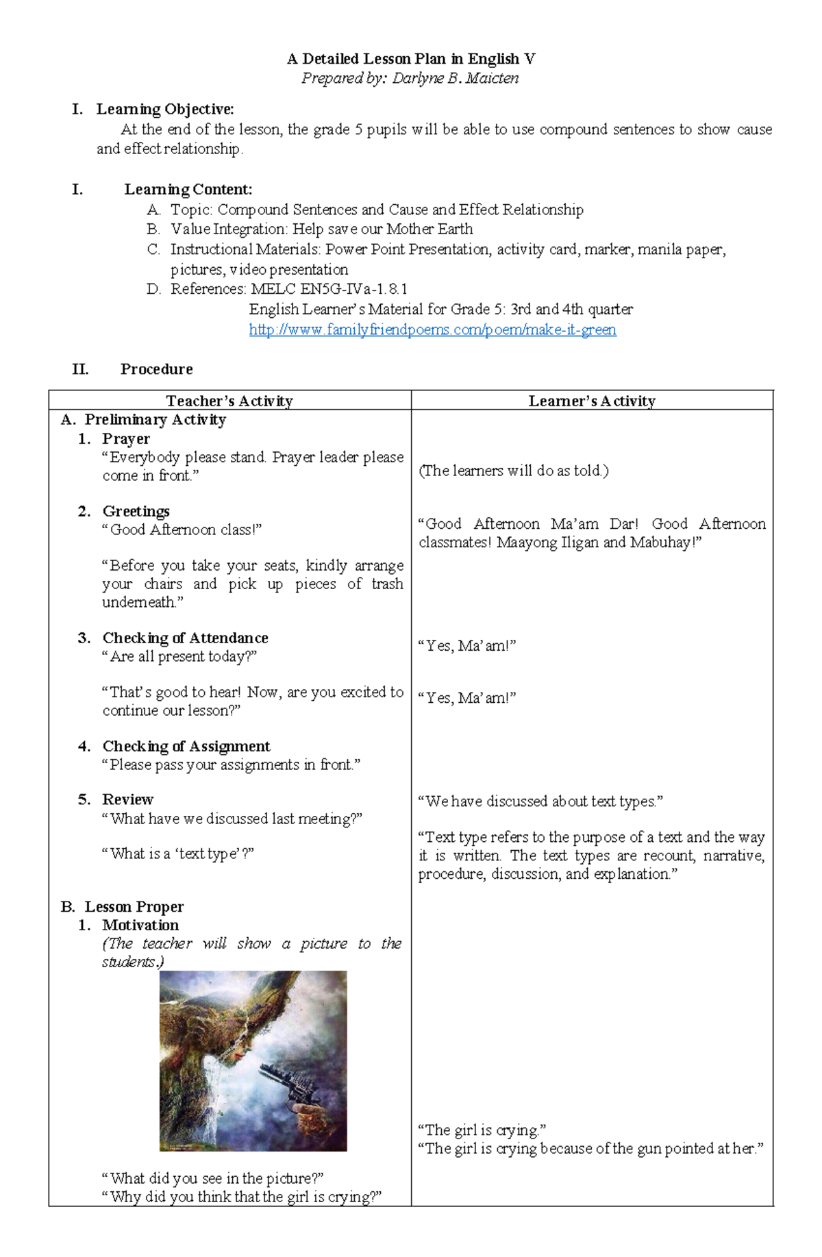 G5 lesson plan english - A Detailed Lesson Plan in English V Prepared ...