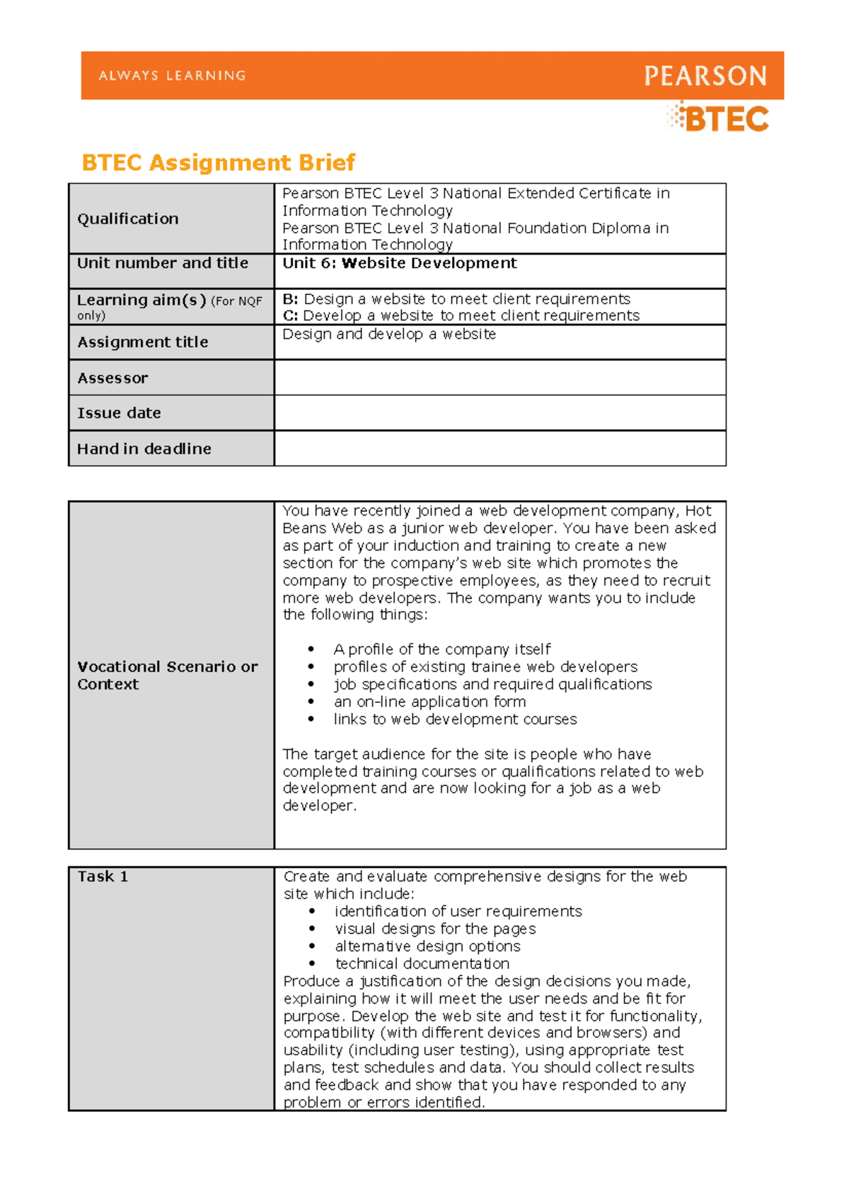 Unit 6 Authorised Assignment Brief For Learning Aim B And C Website ...