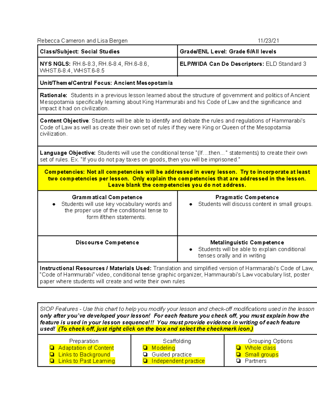 Social Social SIOP Plan Rebecca Cameron and Lisa Bergen 11/23/ Class