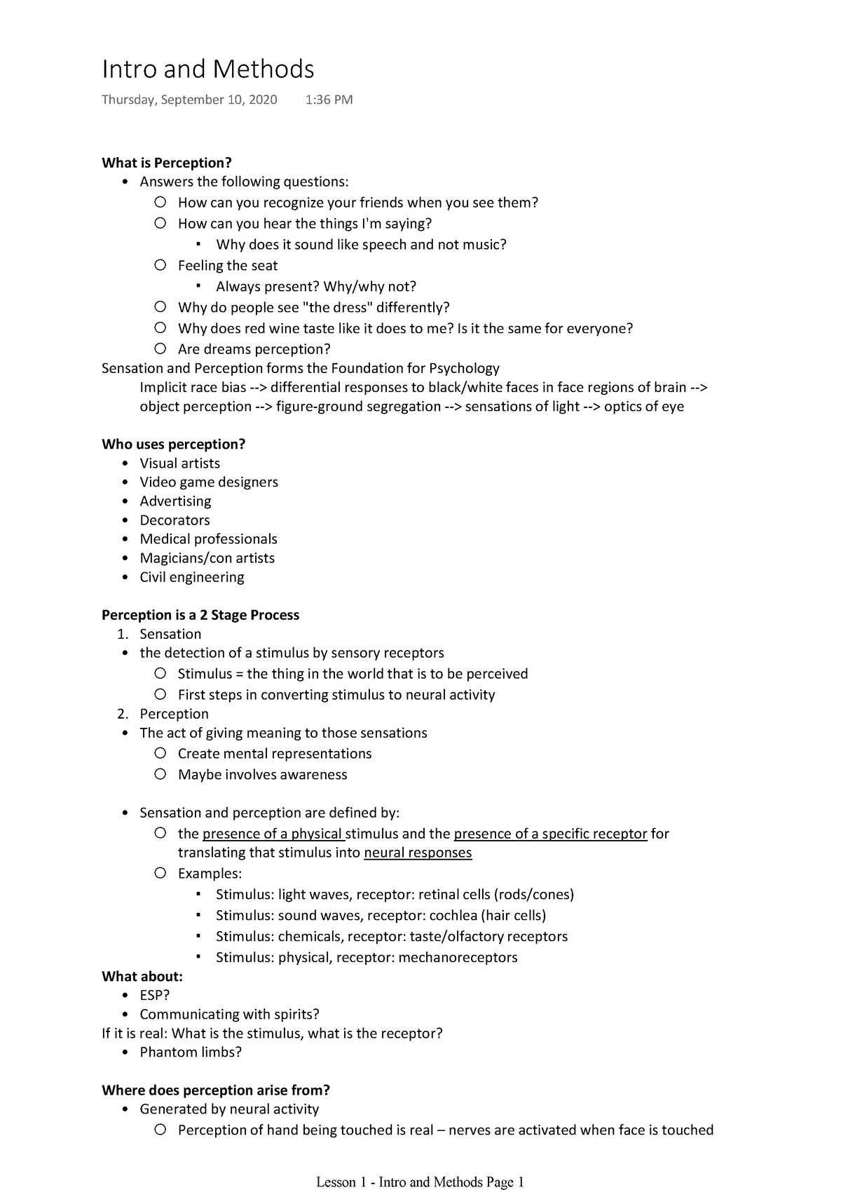 Lesson 1 - Introduction And Methods - What Is Perception? Answers The 