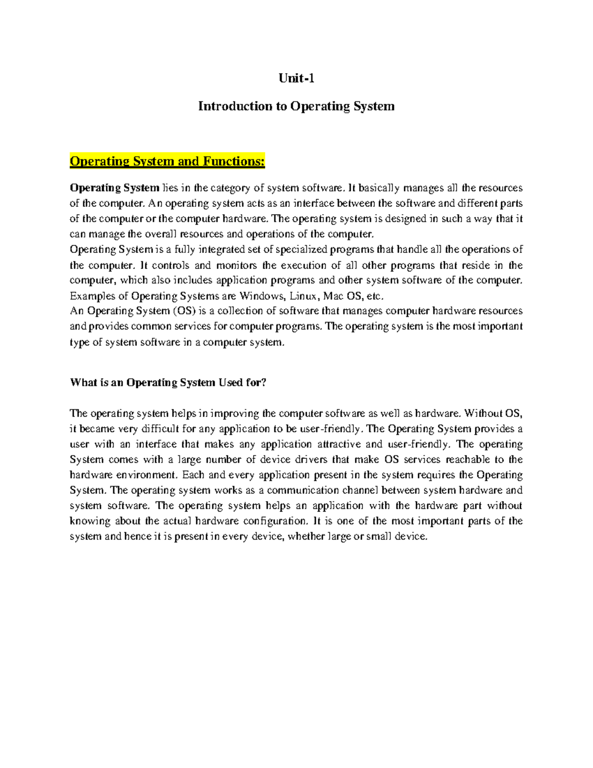 Unit 1 OS - Unit- 1 Introduction to Operating System Operating System ...