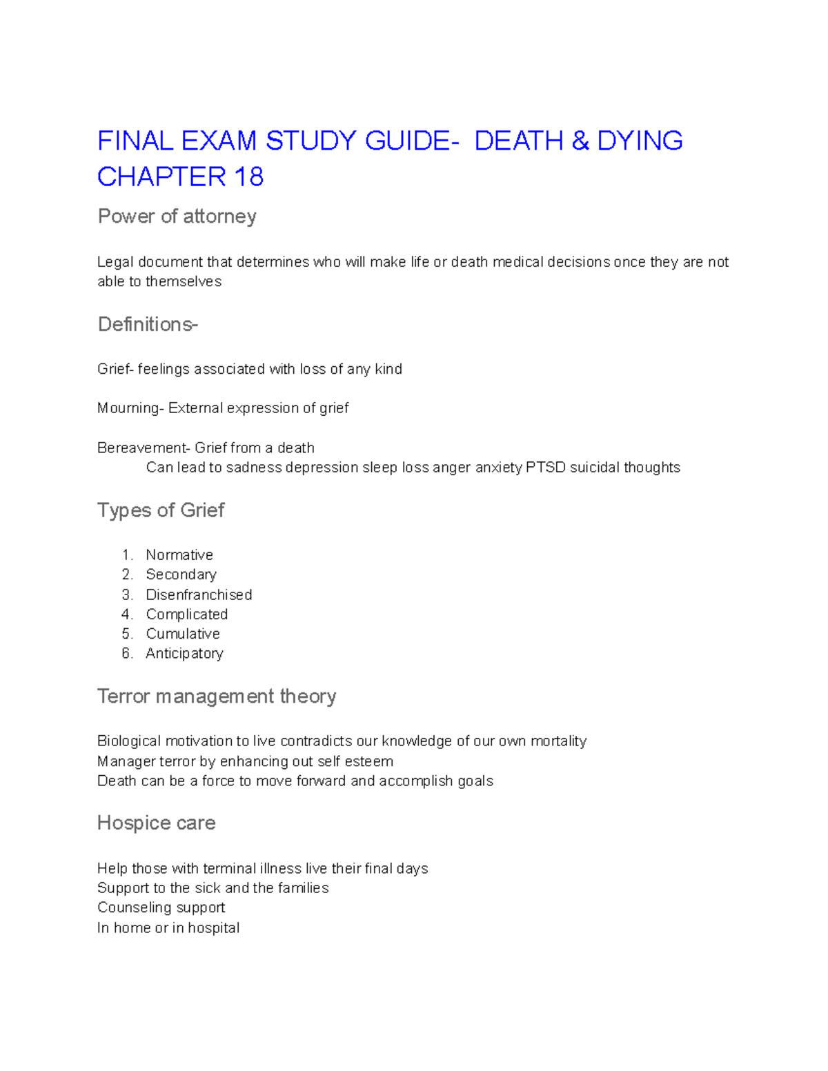 Final EXAM Study Guide- Chapter 18 - FINAL EXAM STUDY GUIDE- DEATH ...