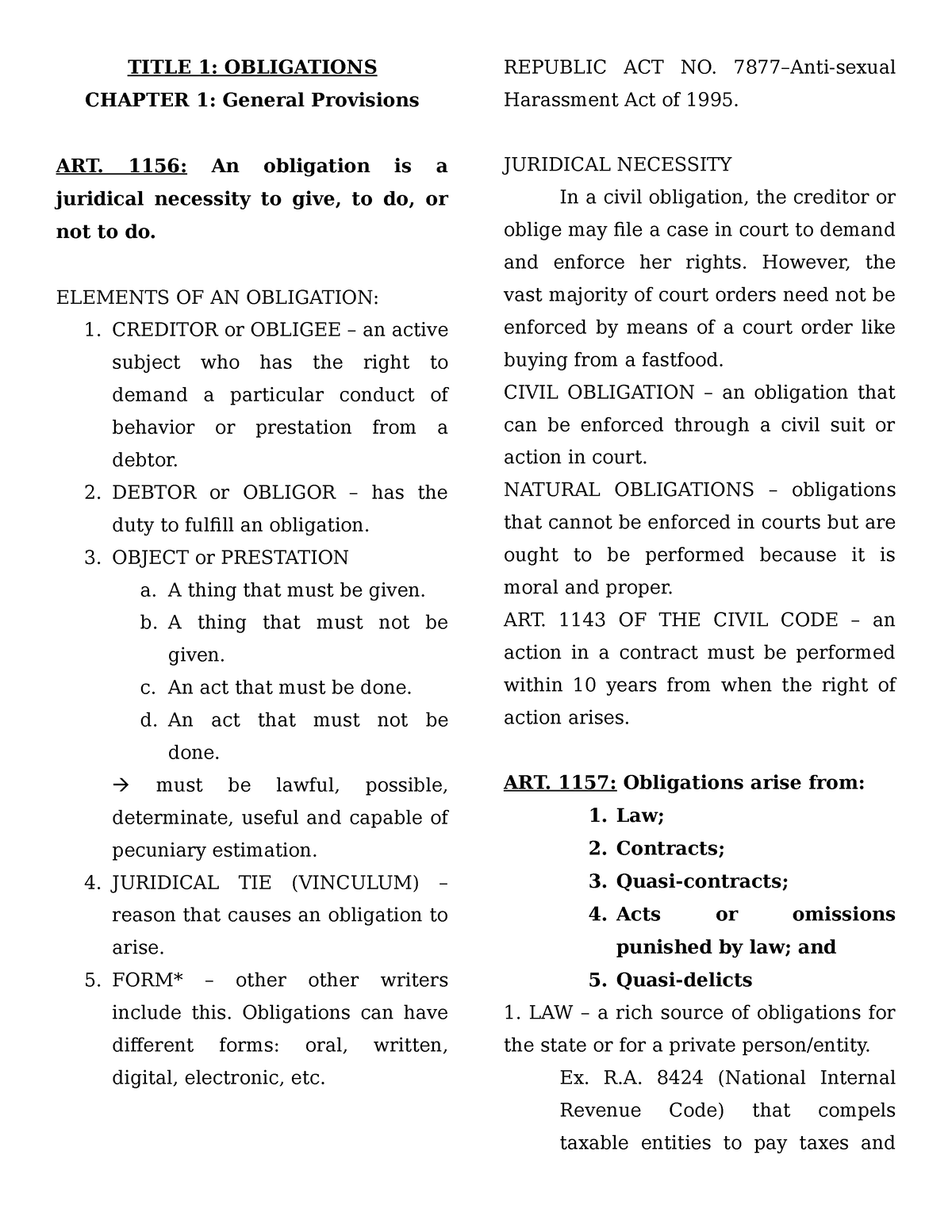 LAW- Notes Obligations - TITLE 1: OBLIGATIONS CHAPTER 1: General ...