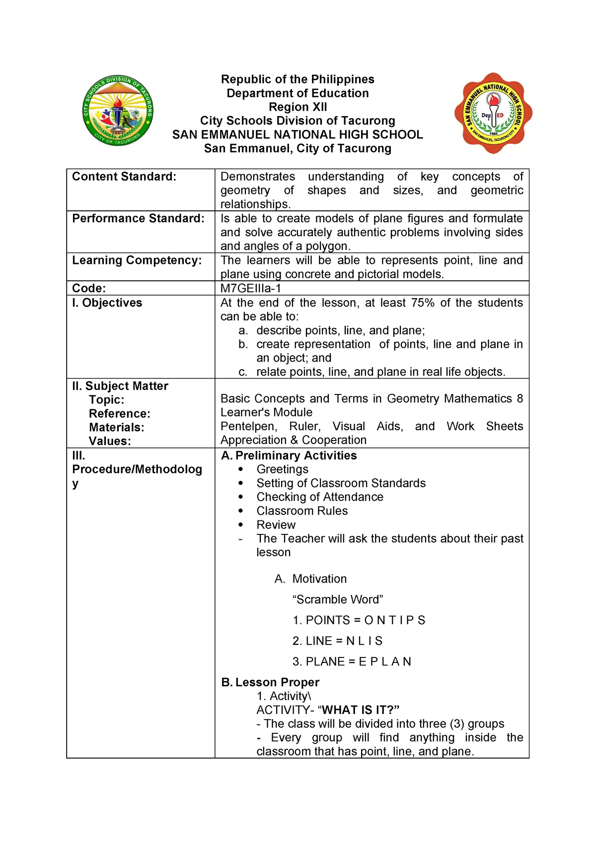 Grade 7 - Basic Concepts in Geometry - Republic of the Philippines ...