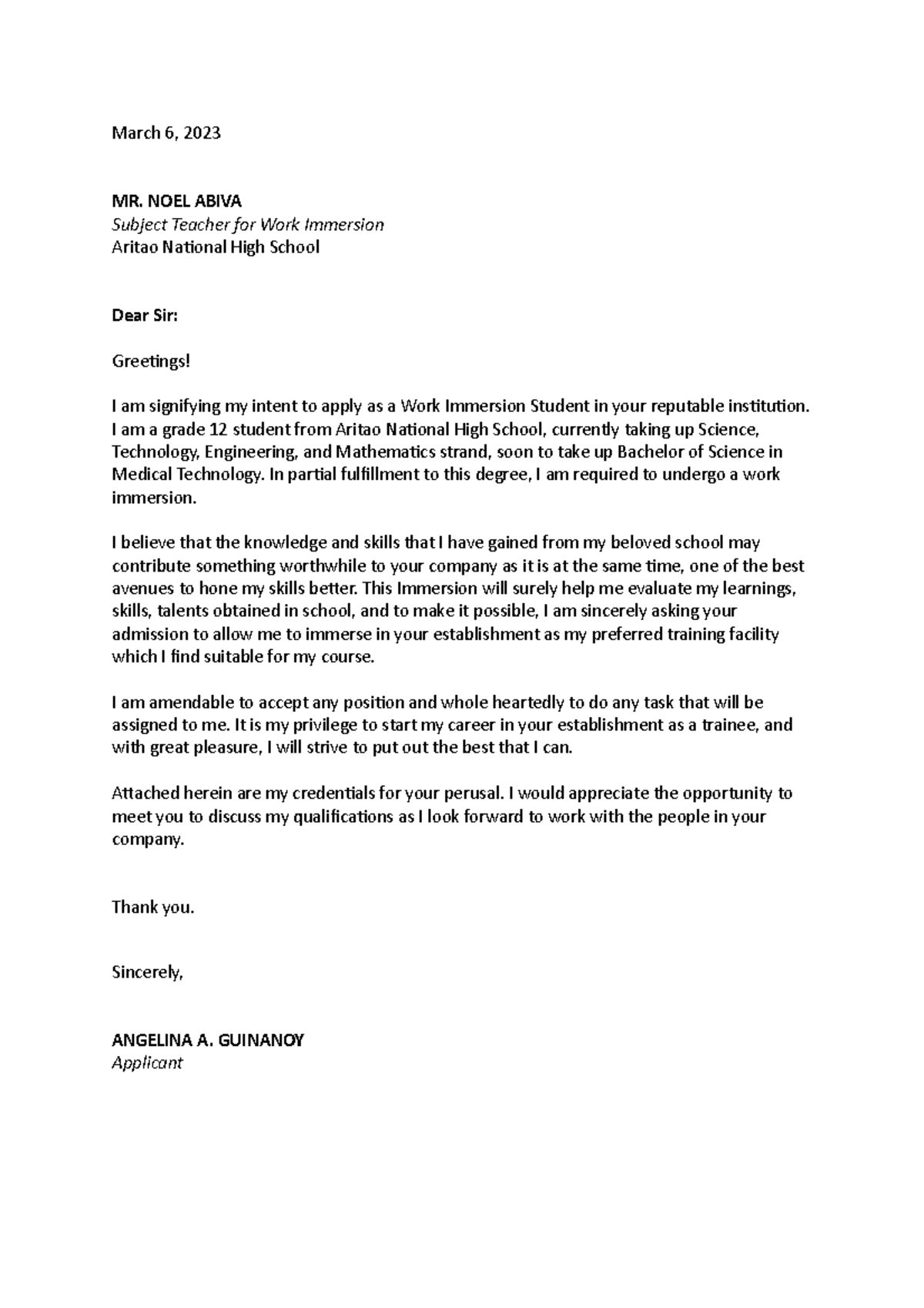 Application letter template - March 6, 2023 MR. NOEL ABIVA Subject ...