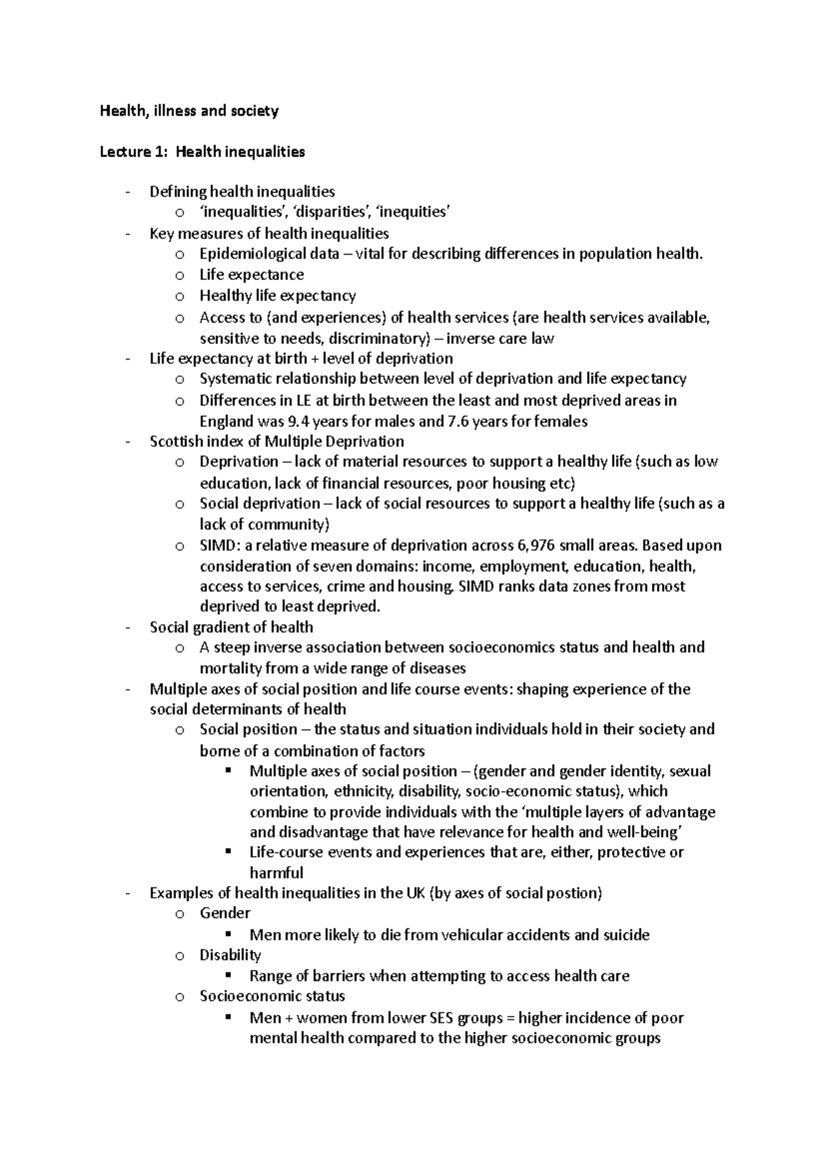 Lecture 1 - Health, illness and society Lecture 1: Health inequalities ...