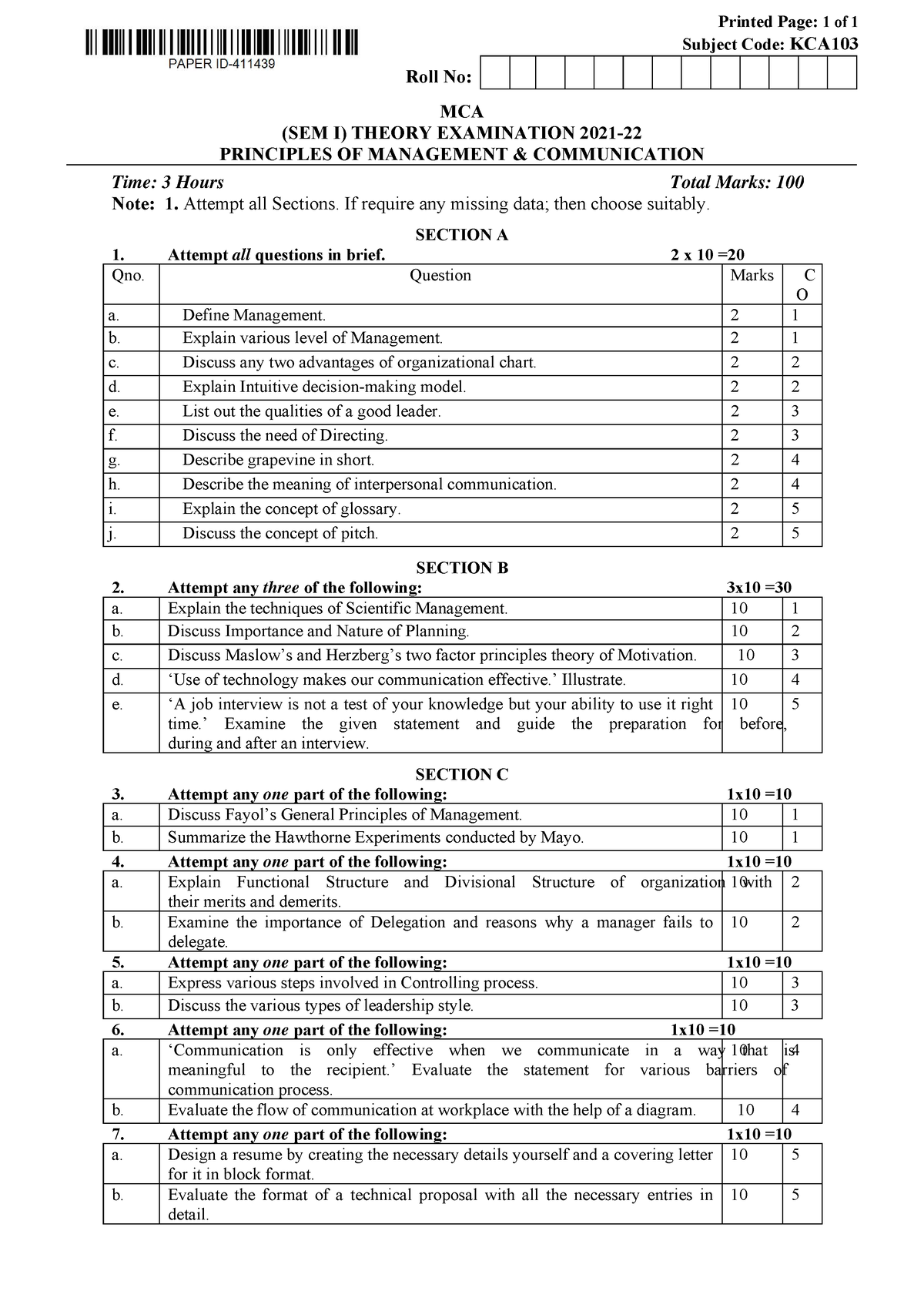 Mca 1 sem principles of management and communication kca103 2022 ...