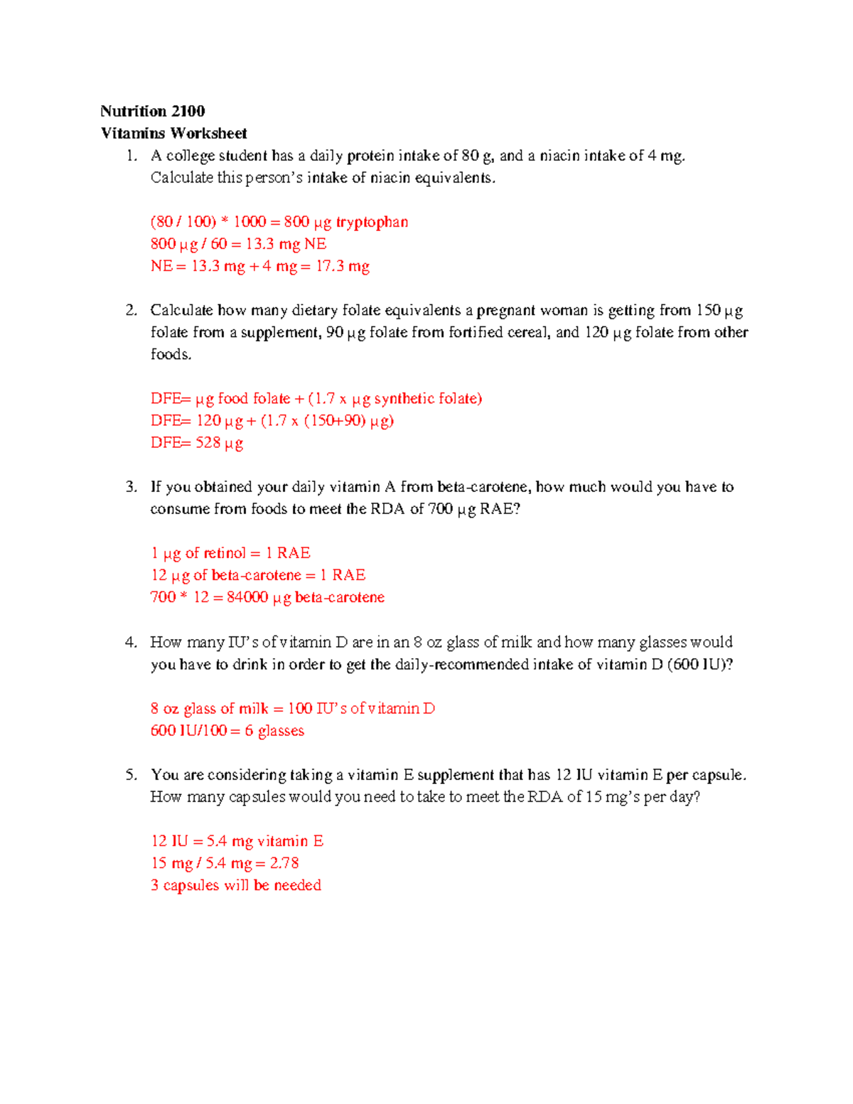 Vitamins Worksheet Solution Nutrition 2100 Vitamins Worksheet 1 A College Student Has A Daily Studocu