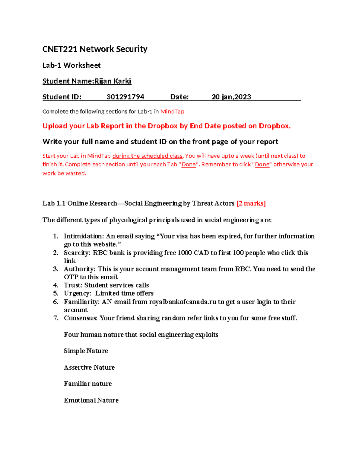Lab-1 Worksheet-rijan - CNET221 Network Security Lab-1 Worksheet ...