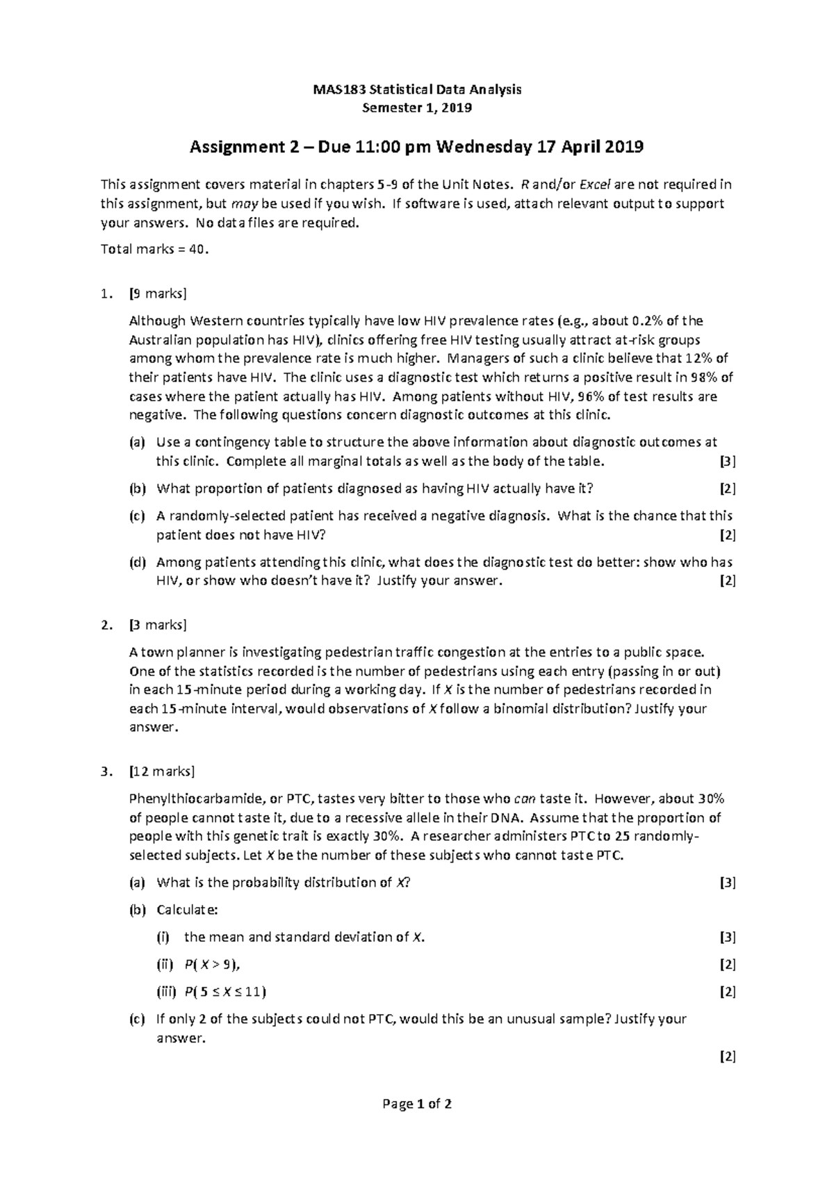 Assign 2 Page 1 Of 2 Mas183 Statistical Data Analysis Semester 1 2019 Assignment 2 Due 11