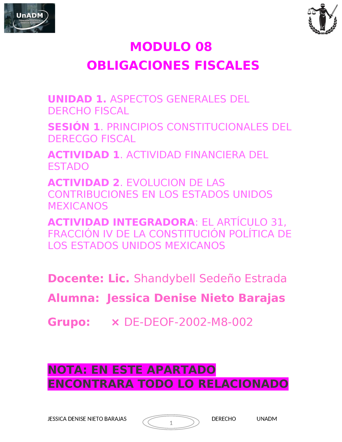 SEM1 - DERECHO M8 - MODULO 08 OBLIGACIONES FISCALES UNIDAD 1. ASPECTOS ...