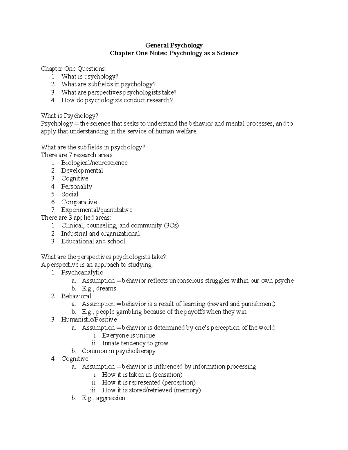 Psych Ch1 Notes - General Psychology Chapter One Notes: Psychology As A ...