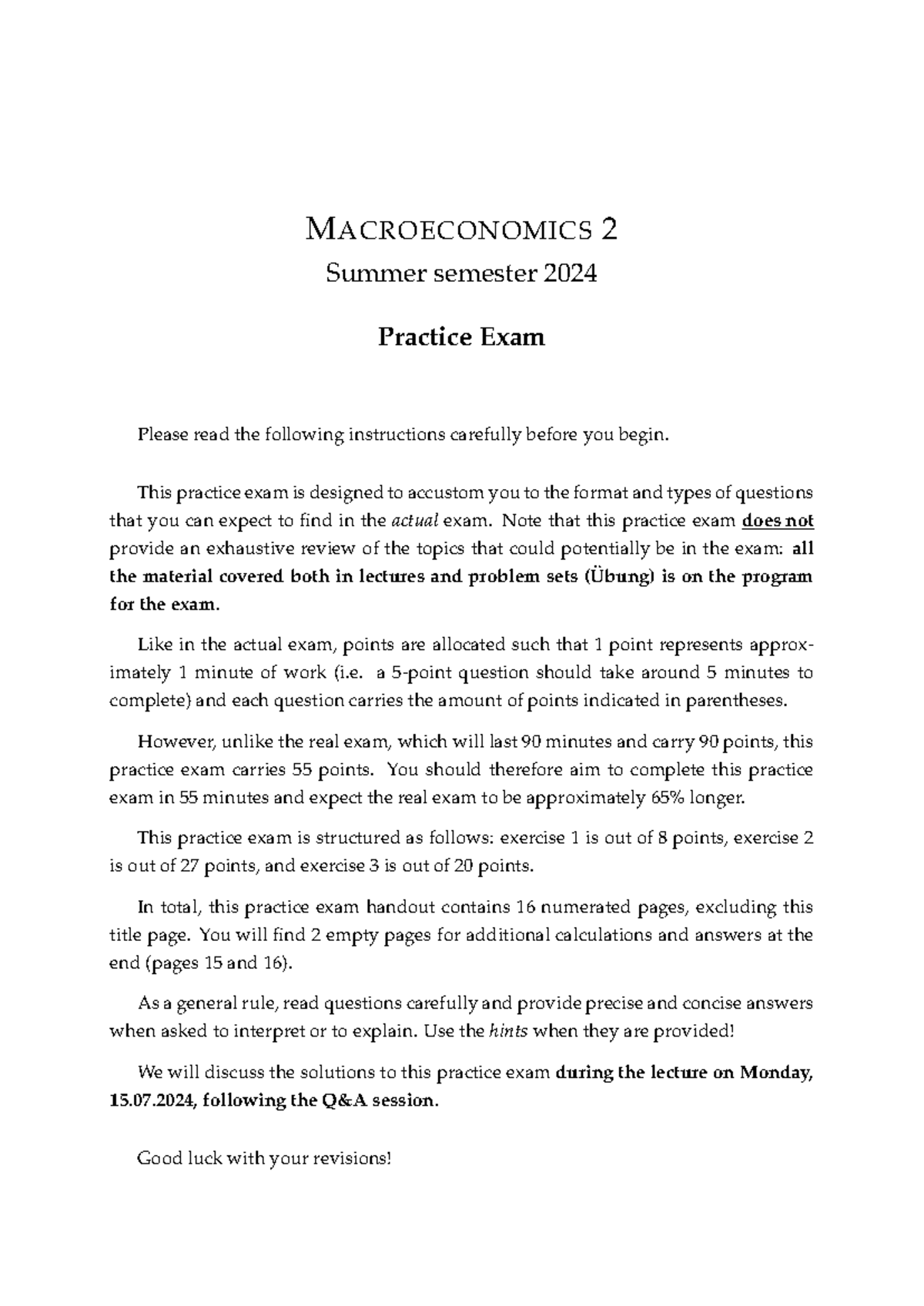 Practice Exam - SOLUTIONS MACROECONOMICS 2 Summer semester 2024 ...