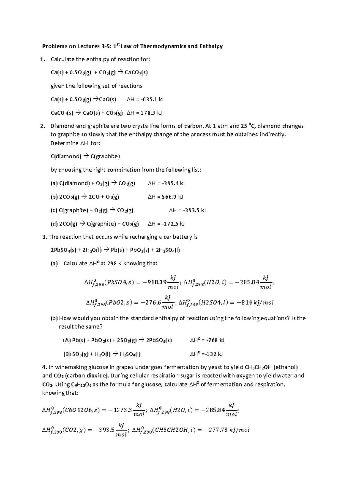 Problems on thermo - Inorganic chemistry - Trinity College Dublin - Studocu