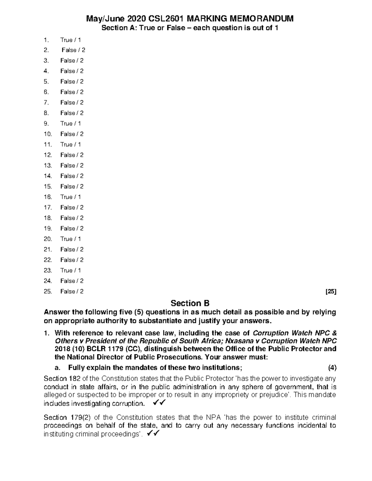 Marking memorandum June 2020 exam May/June 2020 CSL2601 MARKING
