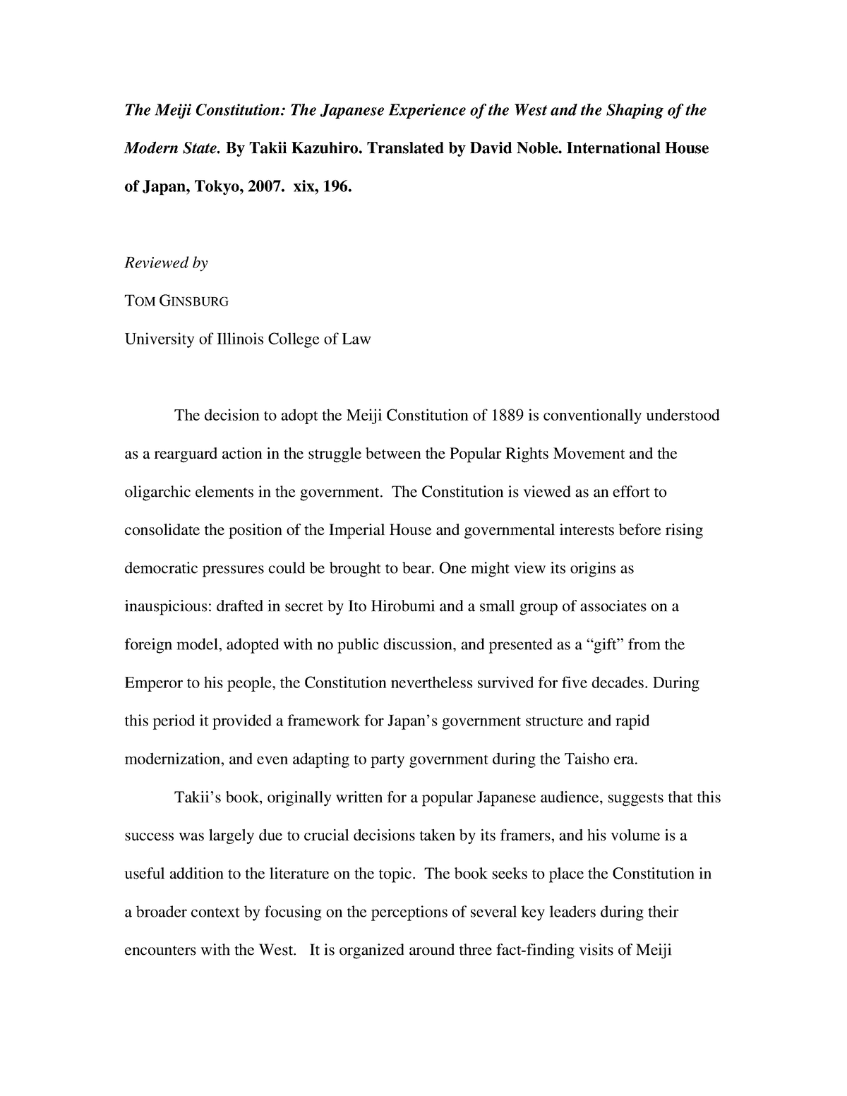 Meiji Constitution - By Takii Kazuhiro. Translated by David Noble ...