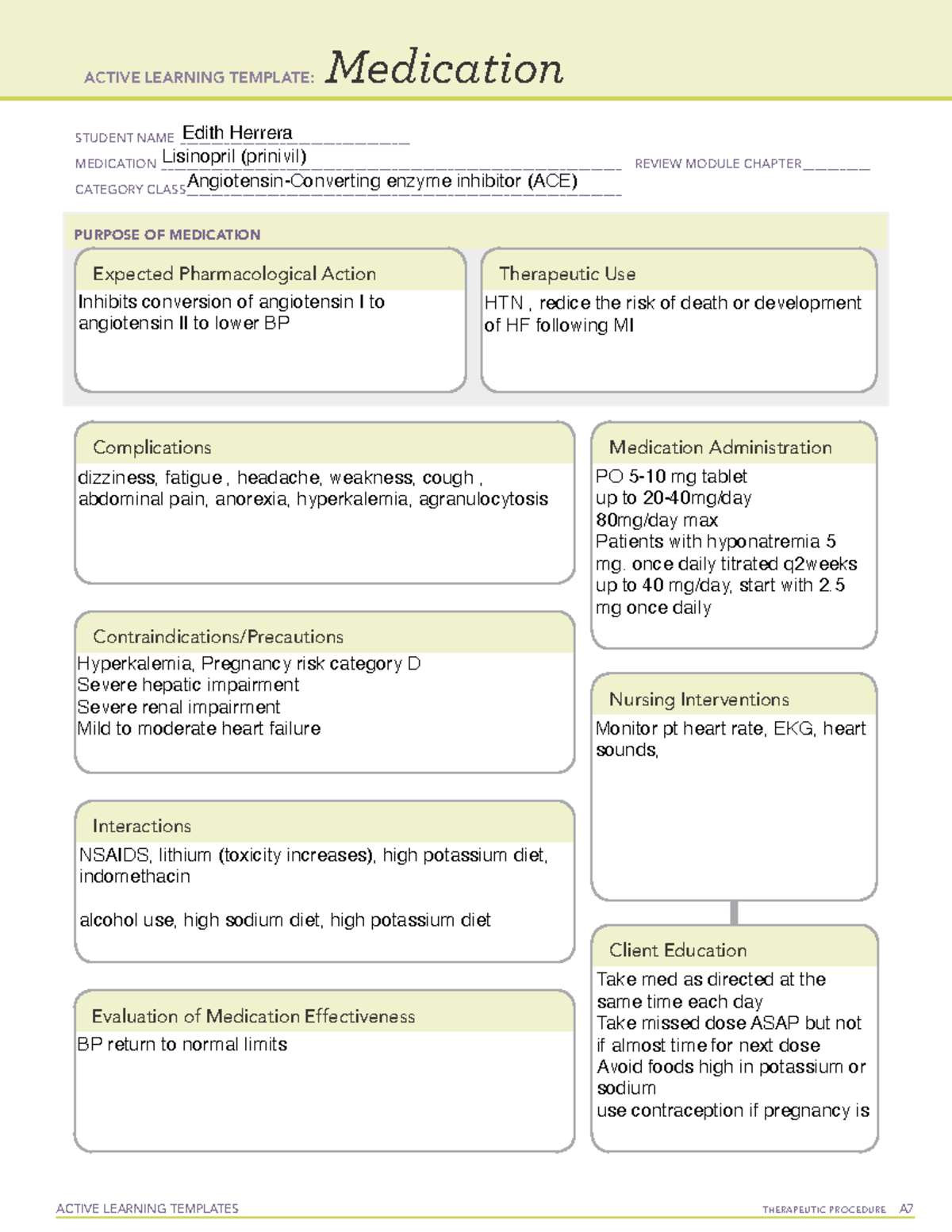 Lisinopril ALT note ACTIVE LEARNING TEMPLATES THERAPEUTIC PROCEDURE