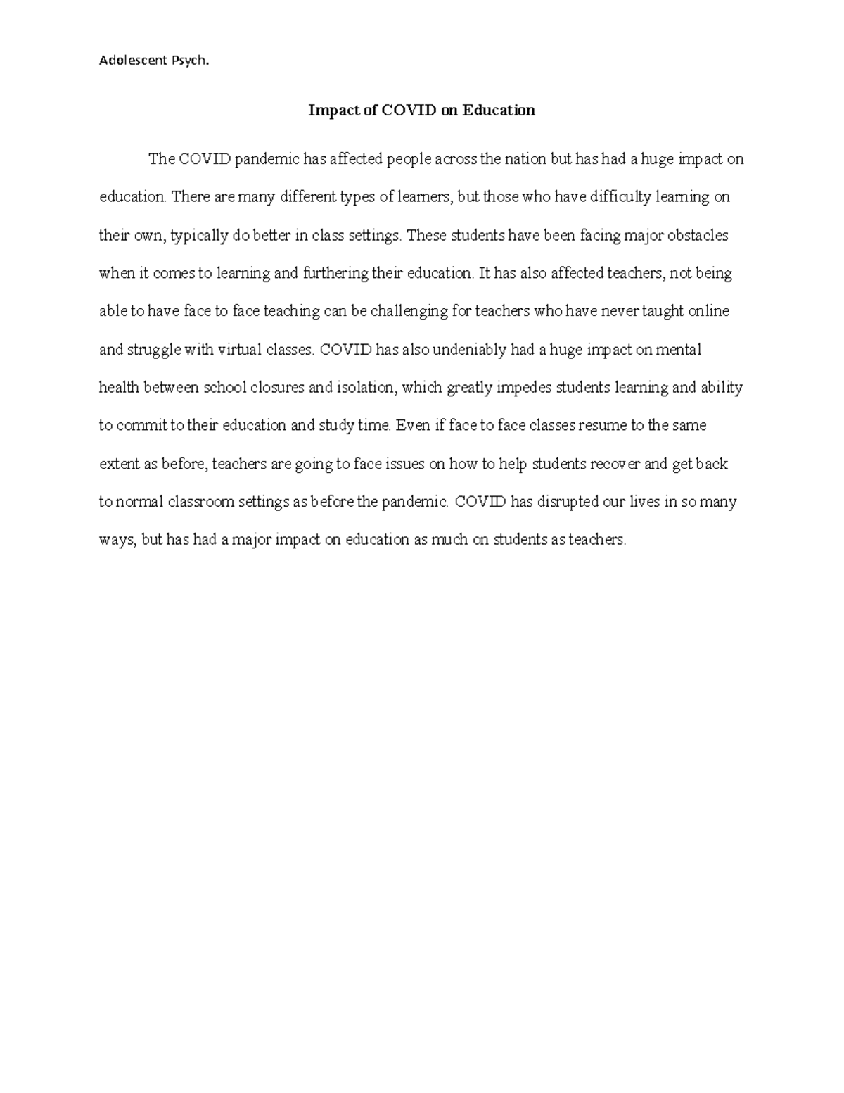 Impact Of Covid On Mental Health Essay PSYC 2193 TCC Studocu