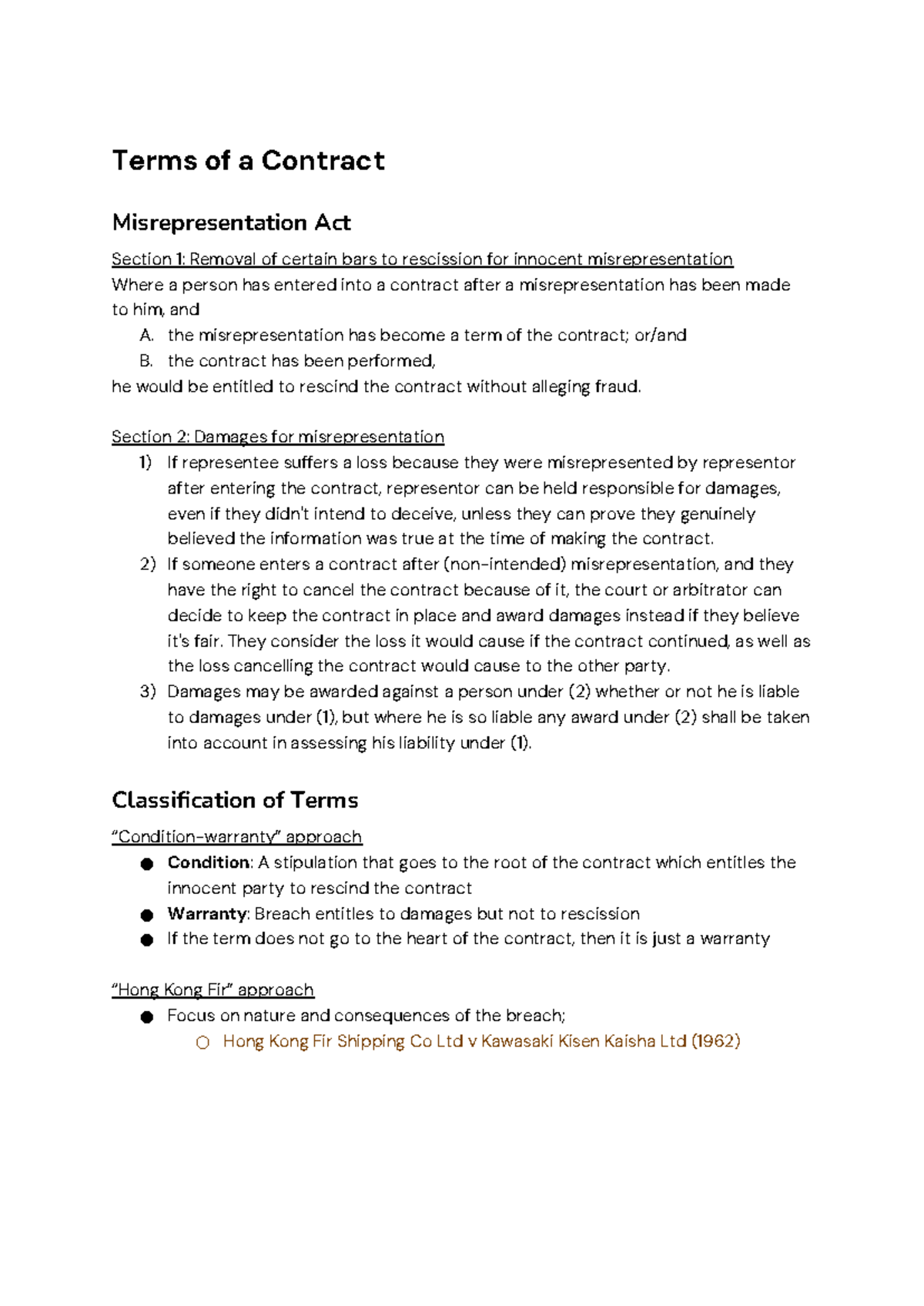 BLAW Notes - Terms of a Contract Misrepresentation Act Section 1 ...