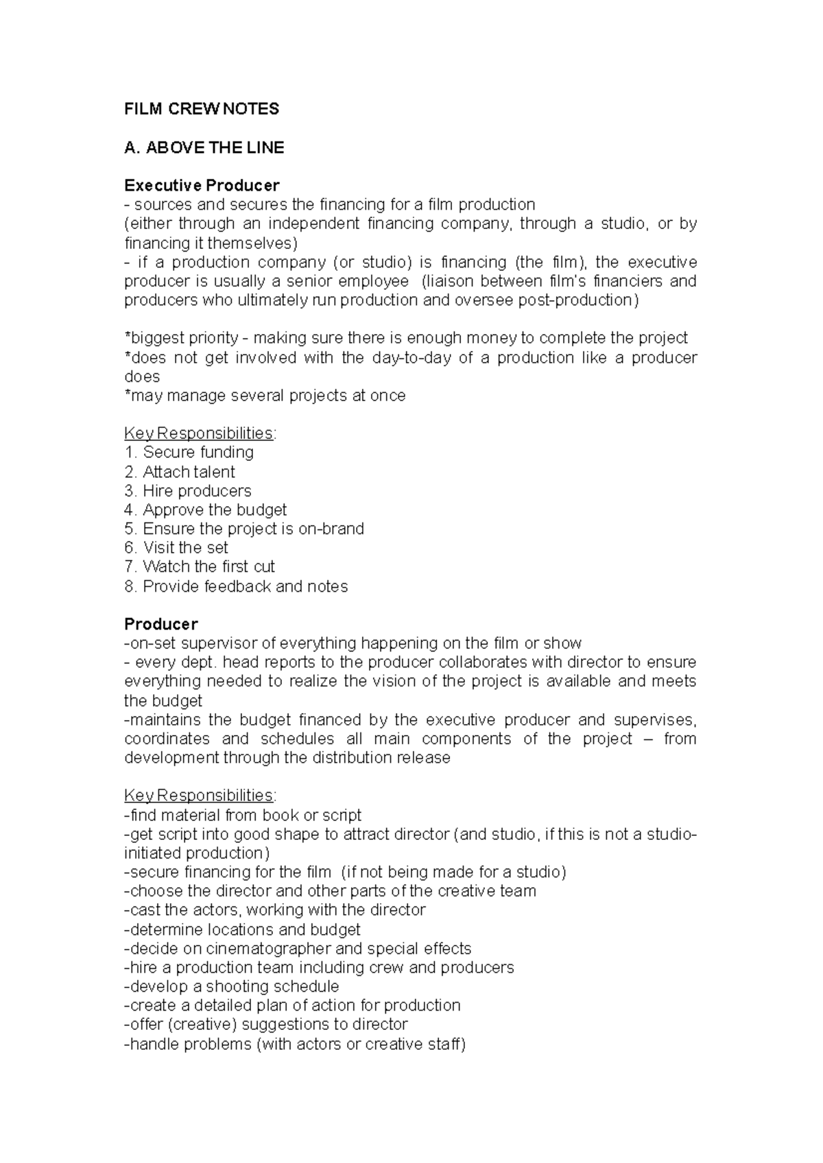 FILM CREW Notes - FILM CREW NOTES A. ABOVE THE LINE Executive Producer ...