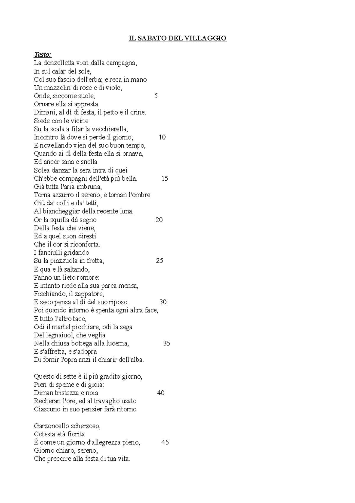 Il Sabato Del Villaggio Poesia E Parafrasi IL SABATO DEL VILLAGGIO 