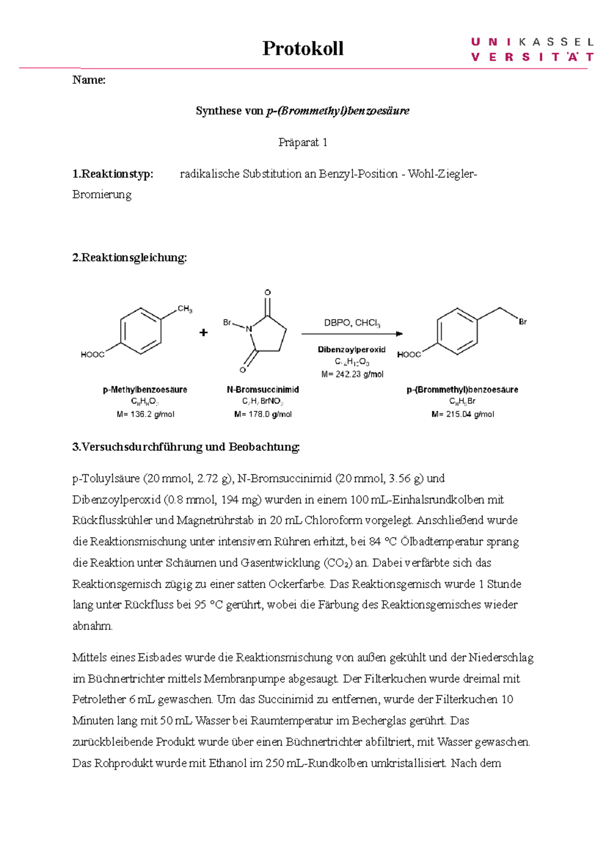 Protokoll Zum Versuch Oc I Gp Name Synthese Von P Brommethyl