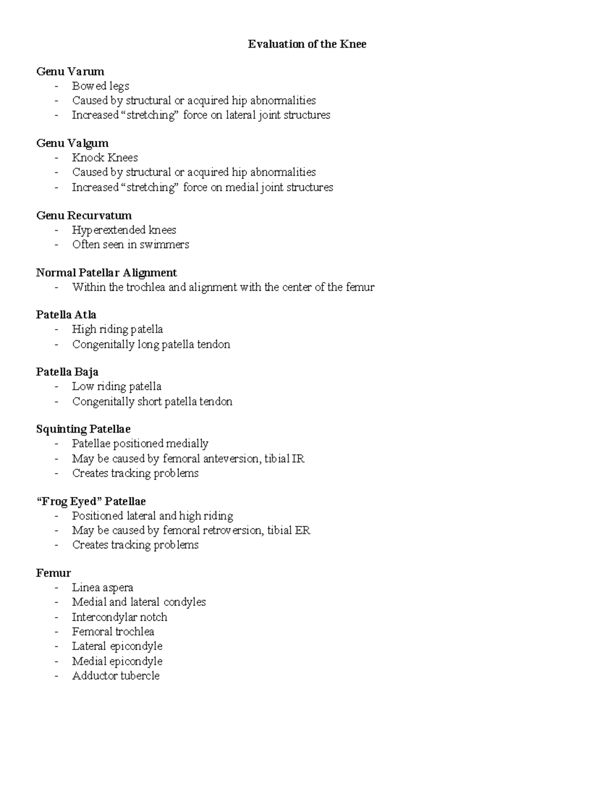 Exam 2 - Class notes - Evaluation of the Knee Genu Varum Bowed legs ...