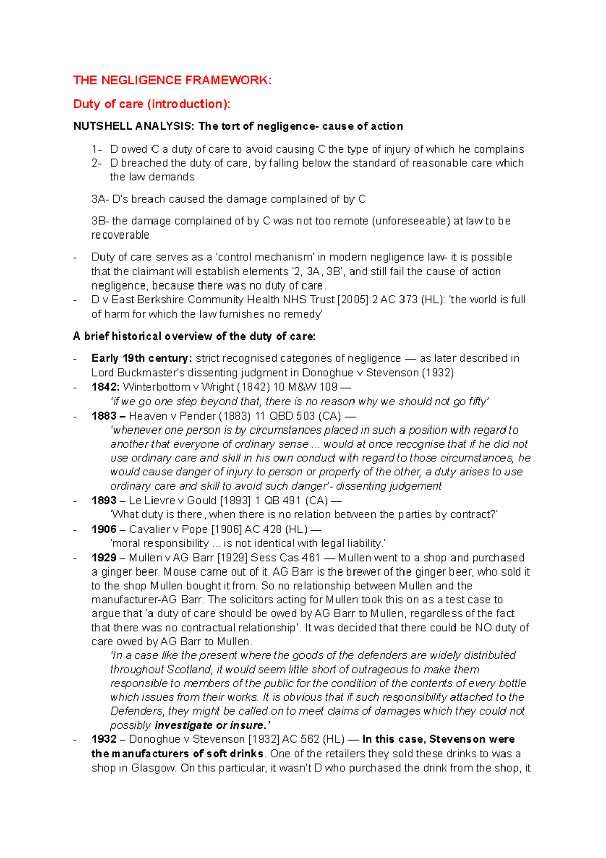 WEEK 2- Duty of Care - Lecture notes 2 - THE NEGLIGENCE FRAMEWORK: Duty ...