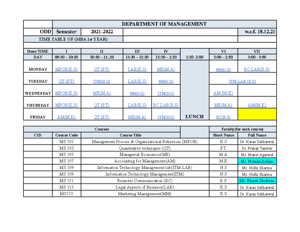 Time Table - MBA - time - DEPARTMENT OF MANAGEMENT ODD Semester 2021 ...