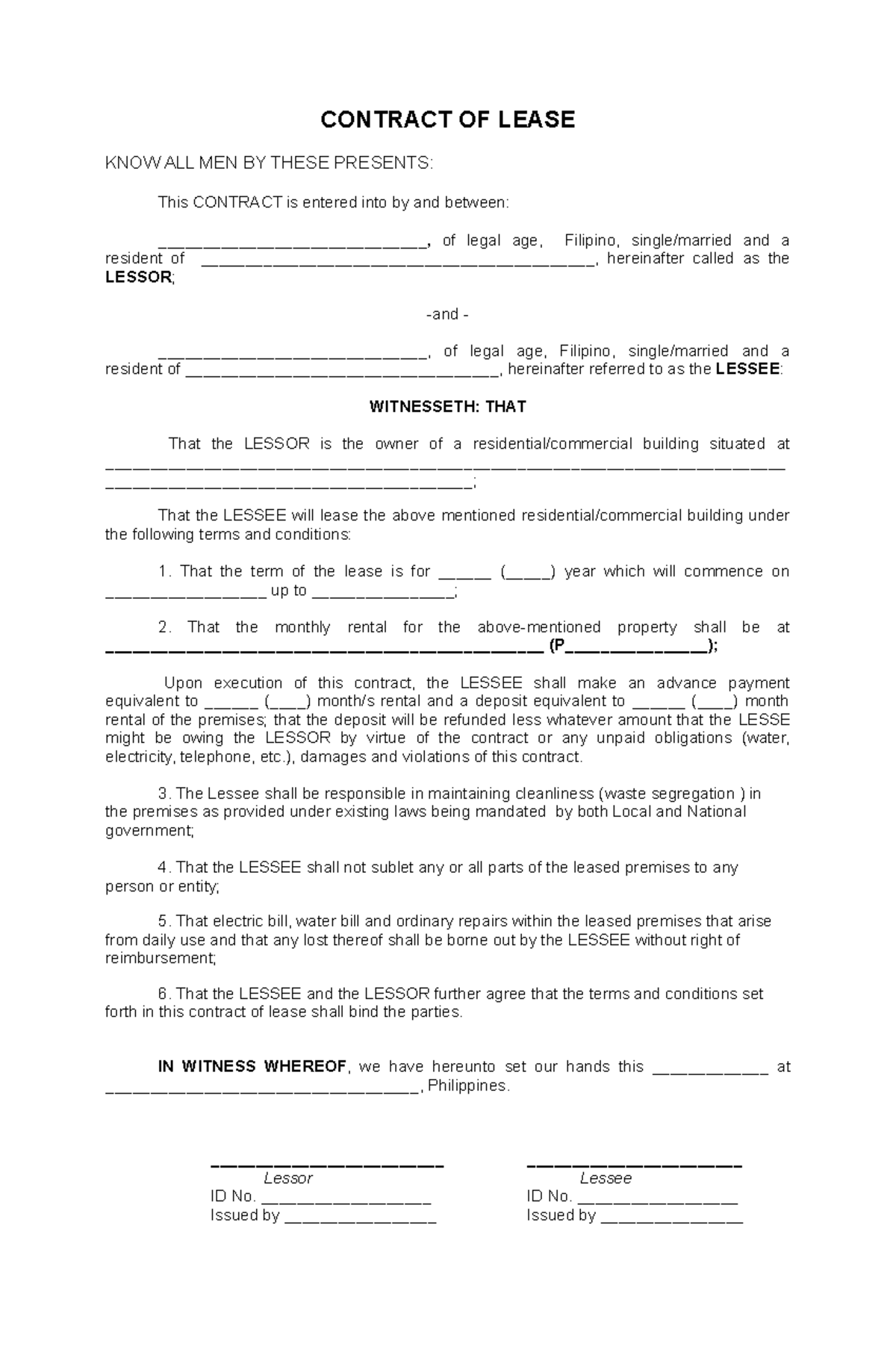 Agreement To Lease Format