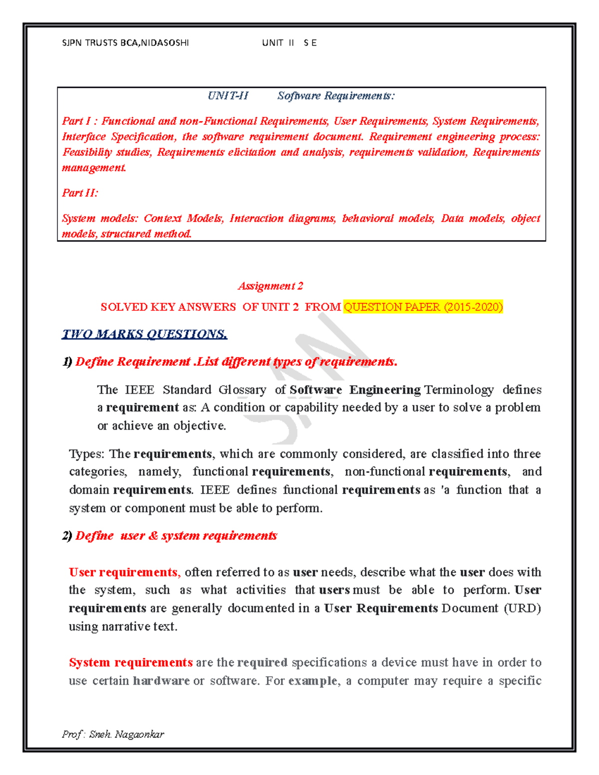 Unit 2 solved key answers 2021 - UNIT-II Software Requirements: Part I ...