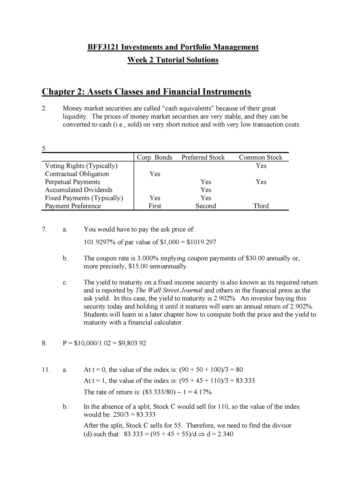 Tutorial Questions & Calculation Answers - Week 2 - BFF3121 Investments ...