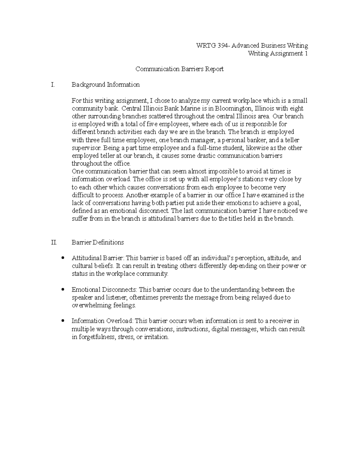 writing assignment #1 communication barriers report