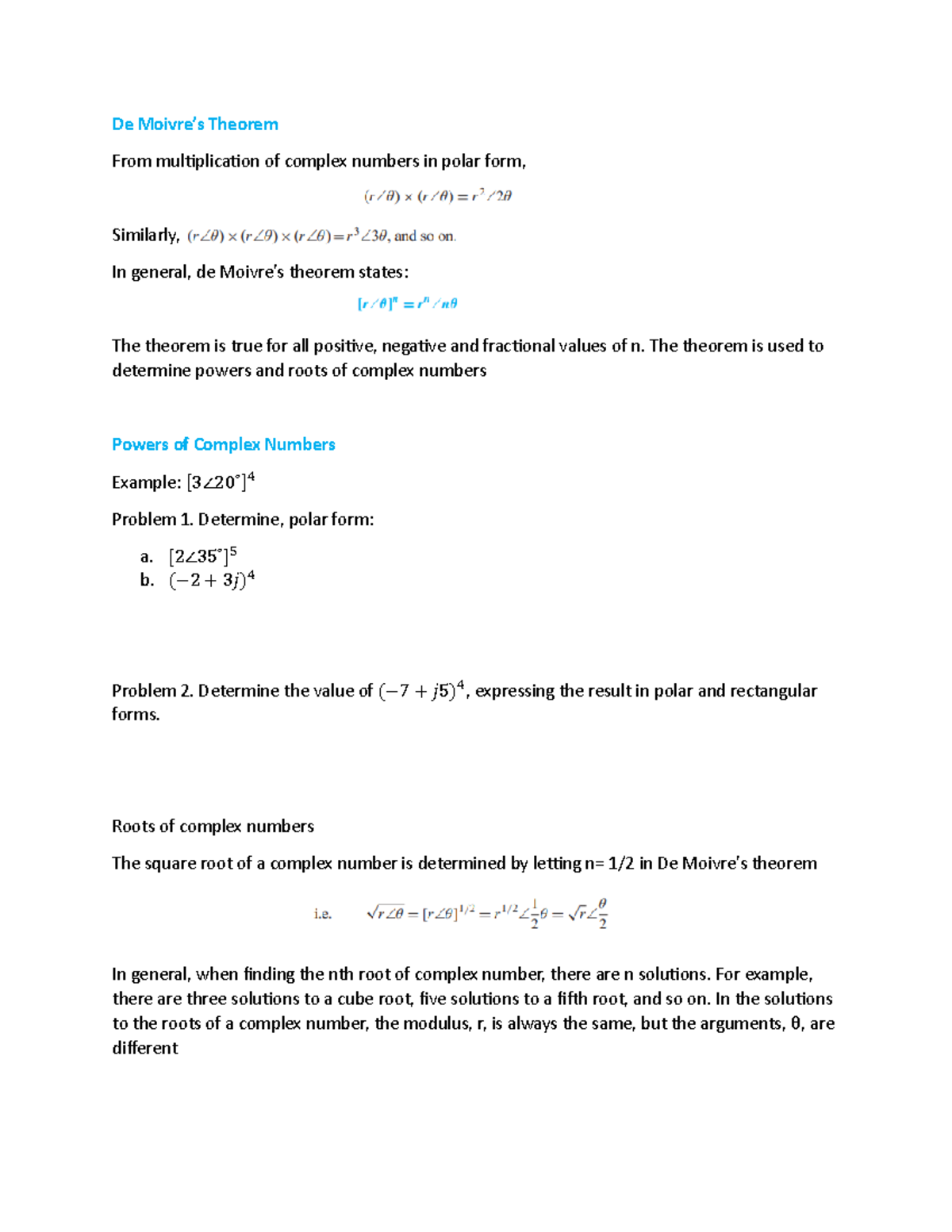 De-Moivres-Theorem - De Moivre’s Theorem From multiplication of complex ...