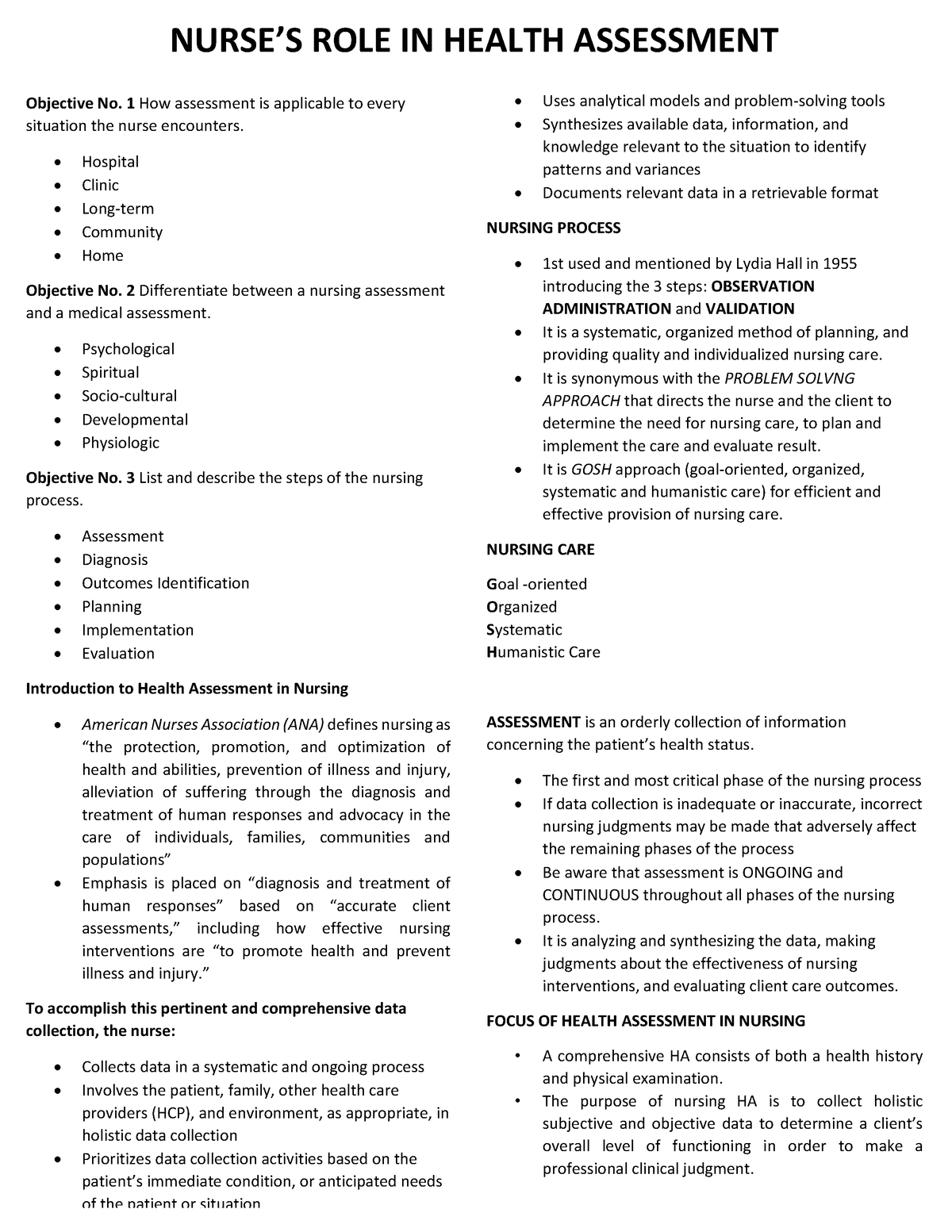 Ha- Notes - Nurse’s Role In Health Assessment Objective No. 1 How 