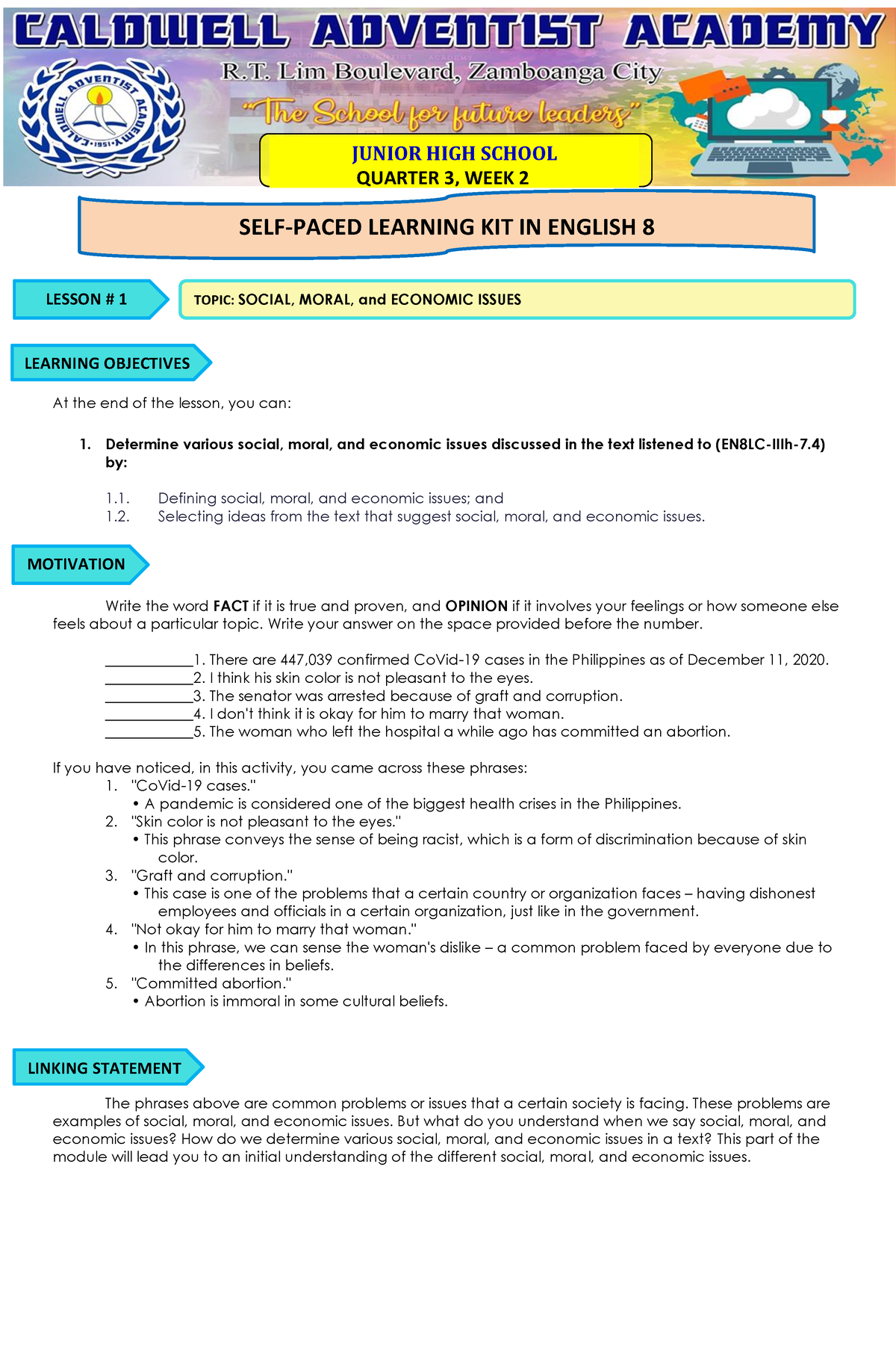 English 8 SOCIAL MORAL And ECONOMIC Issues JUNIOR HIGH SCHOOL 