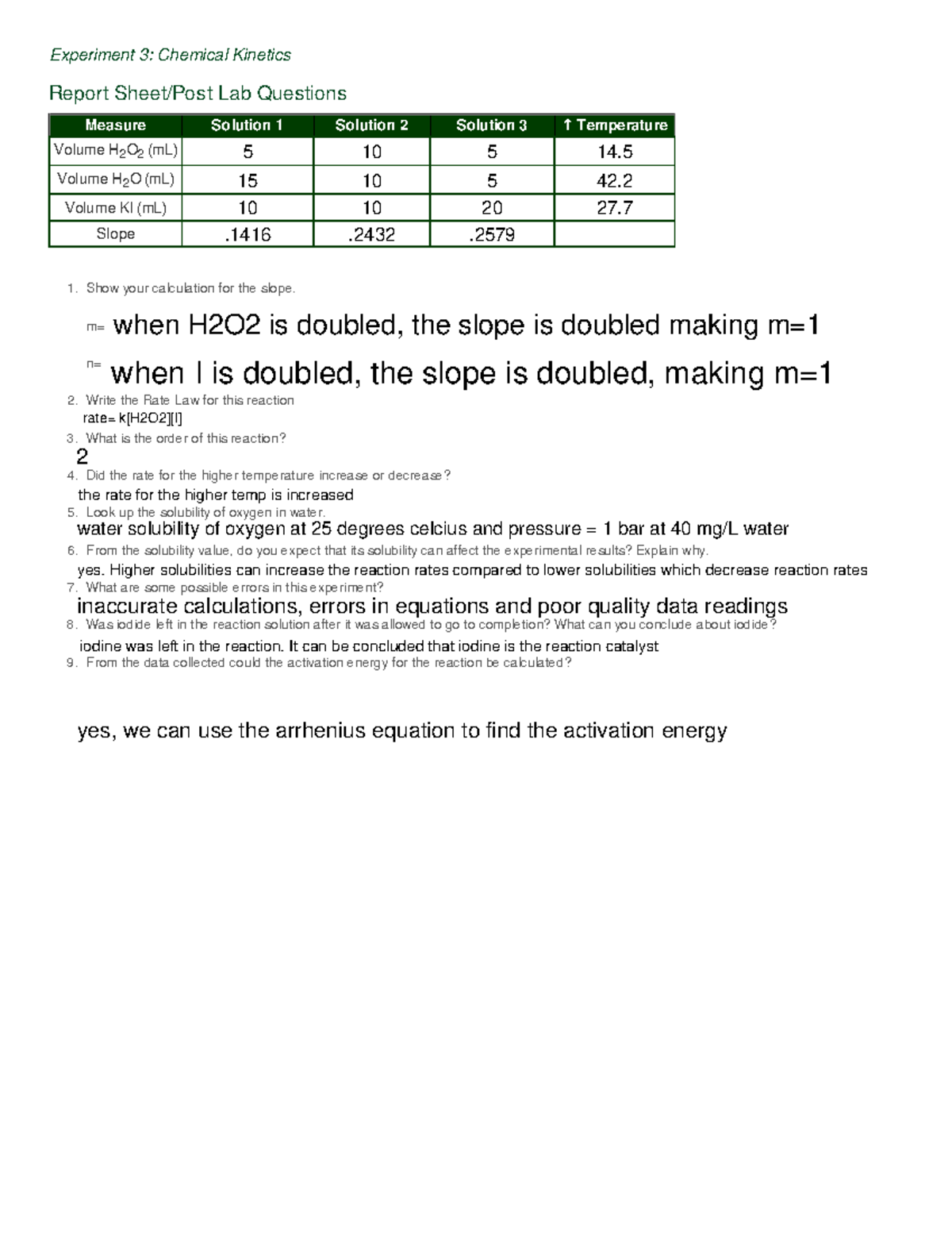 Experiment #3 - Experiment 3: Chemical Kinetics Report Sheet/Post Lab ...