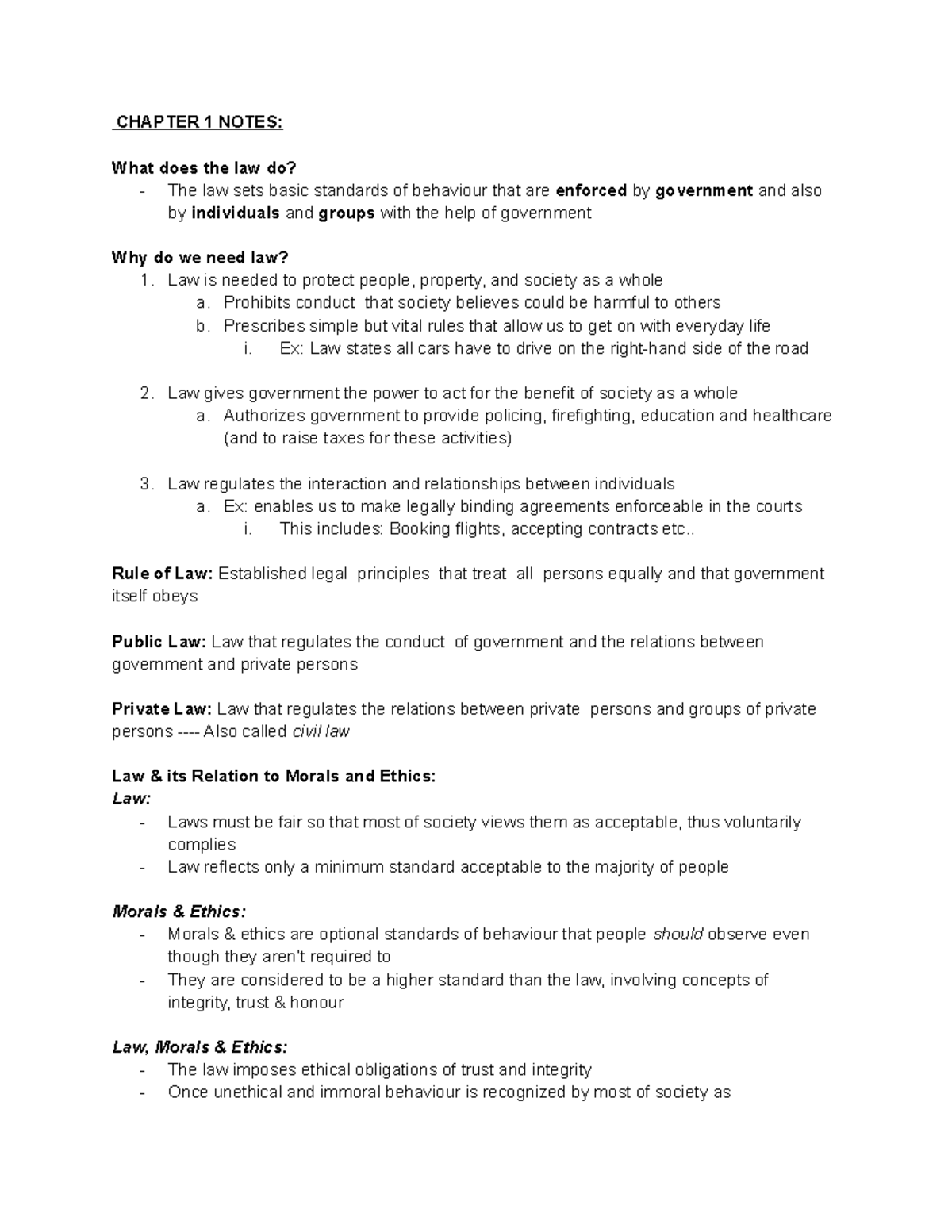 4sd3 Chapter 1 Notes - Chapter 1 Notes: What Does The Law Do? - The Law 