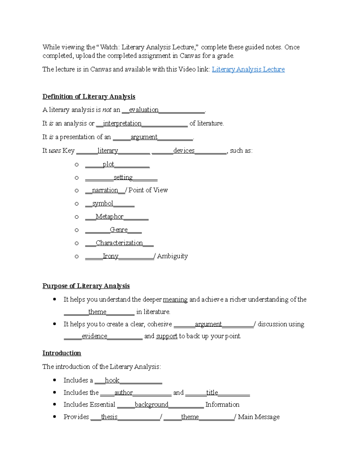 Guided Notes For Literary Analysis Lecture You Tube Presentation ...