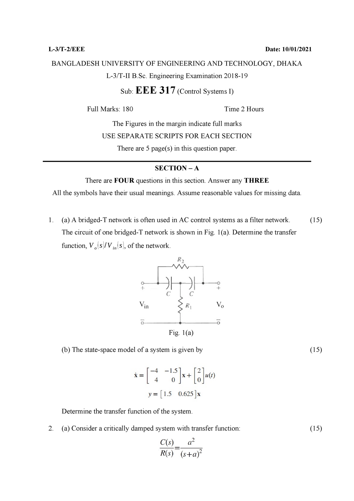 EEE 317 Control Systems I - L-3/T-2/EEE Date: 10/01/ BANGLADESH ...