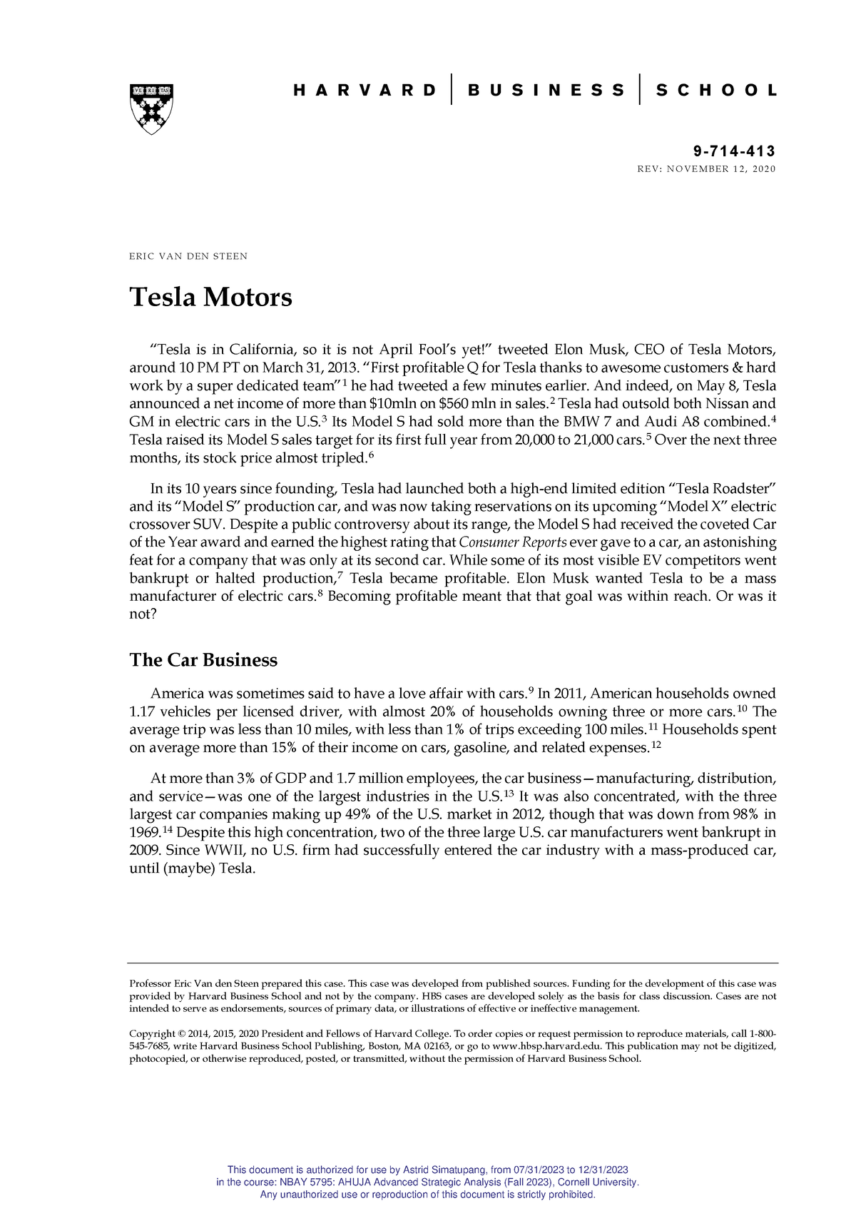 tesla motors harvard case study