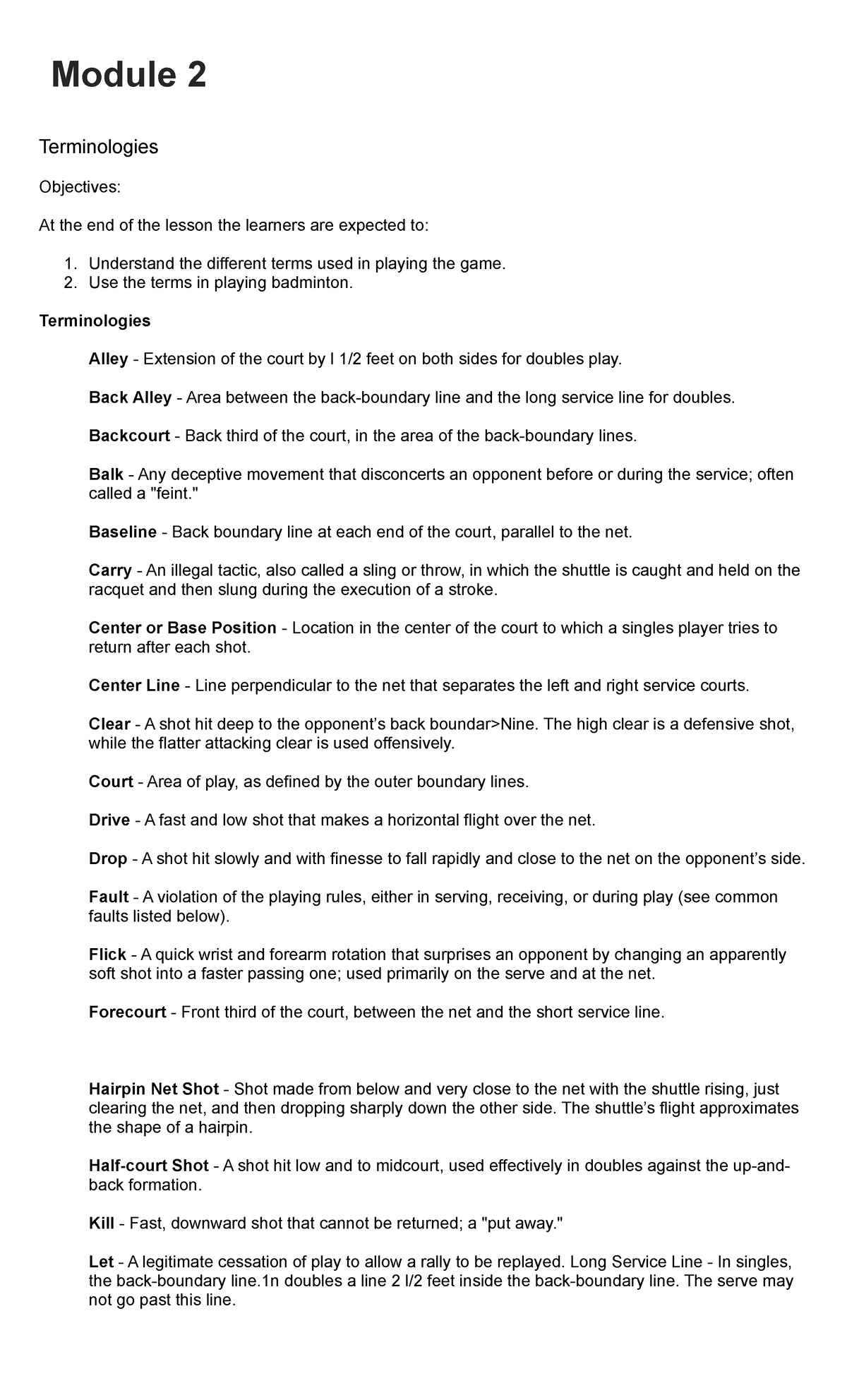 PE-3-Module-2-3 - Introduction To Badminton - Terminologies Objectives ...