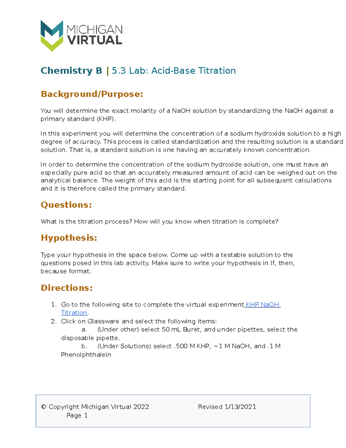 Chemistry B 5.3 Lab Acid-Base Titration - Chemistry B | 5 Lab: Acid ...